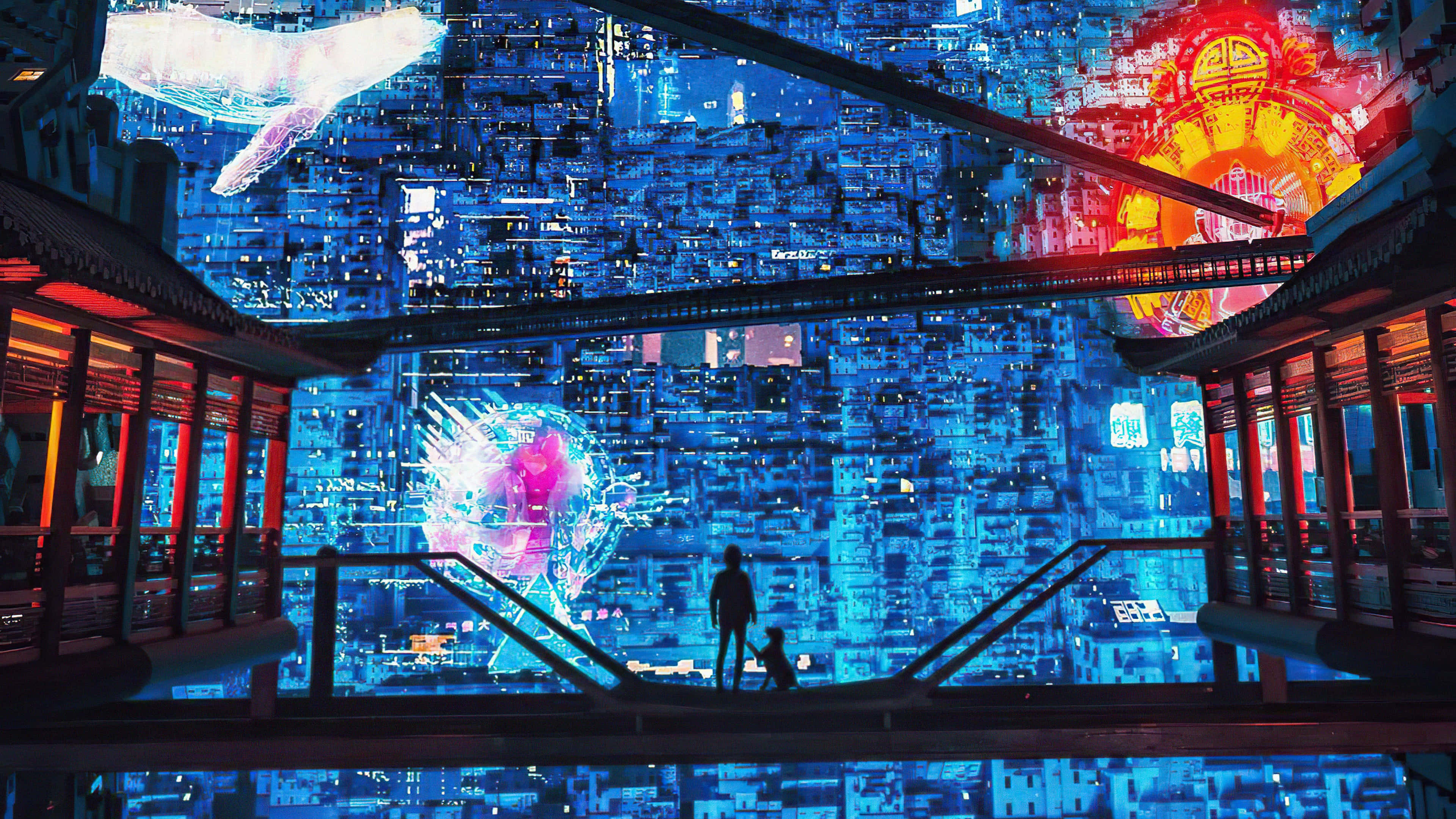 futuristic city, glowing blue digital cityscape, floating holographic whales, 4K Desktop Wallpaper