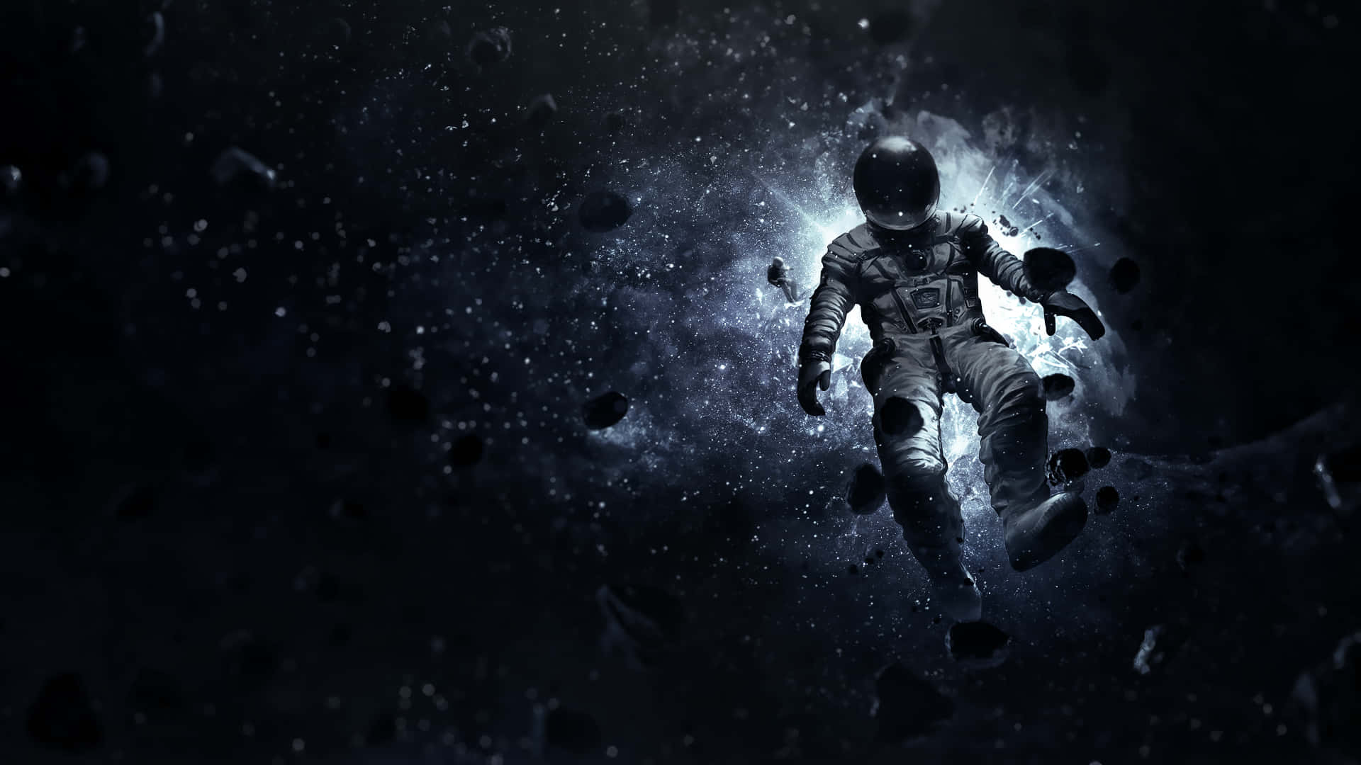 stranded astronaut, dark space, floating debris, Full HD Desktop Wallpaper