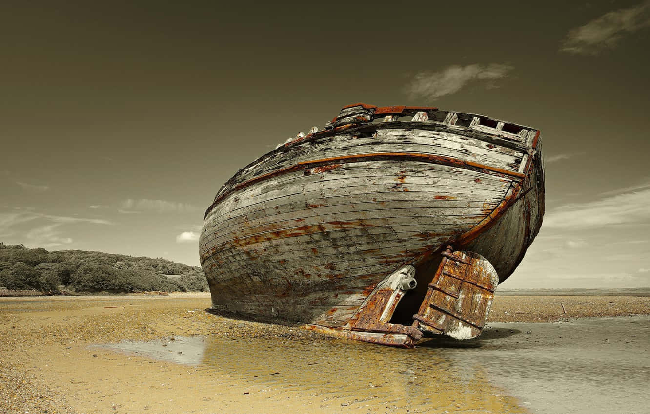 stranded, wooden ship, muddy tidal flat, HD Desktop Wallpaper
