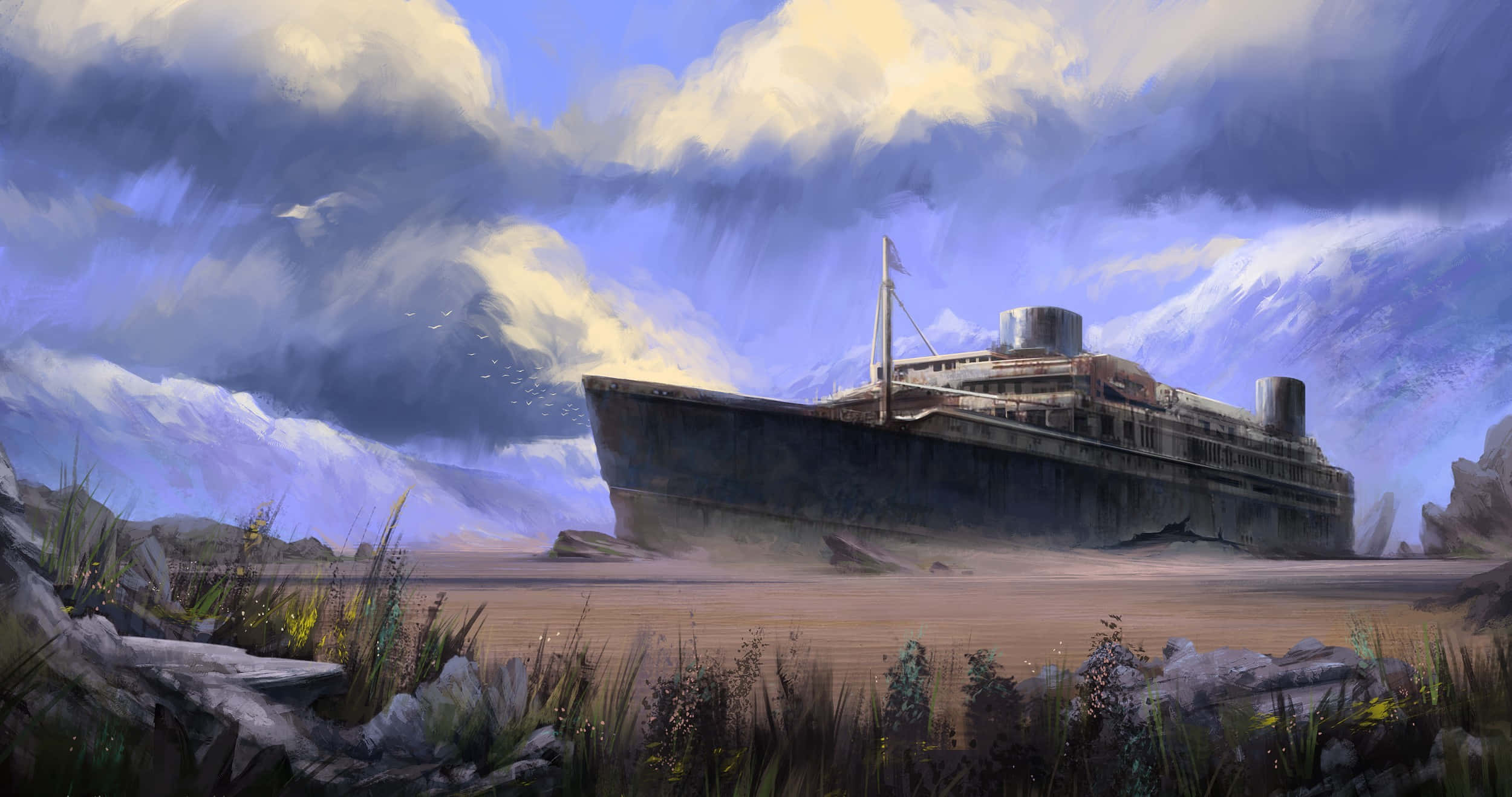 stranded ship, ocean liner, sandy shore, Full HD Desktop Wallpaper