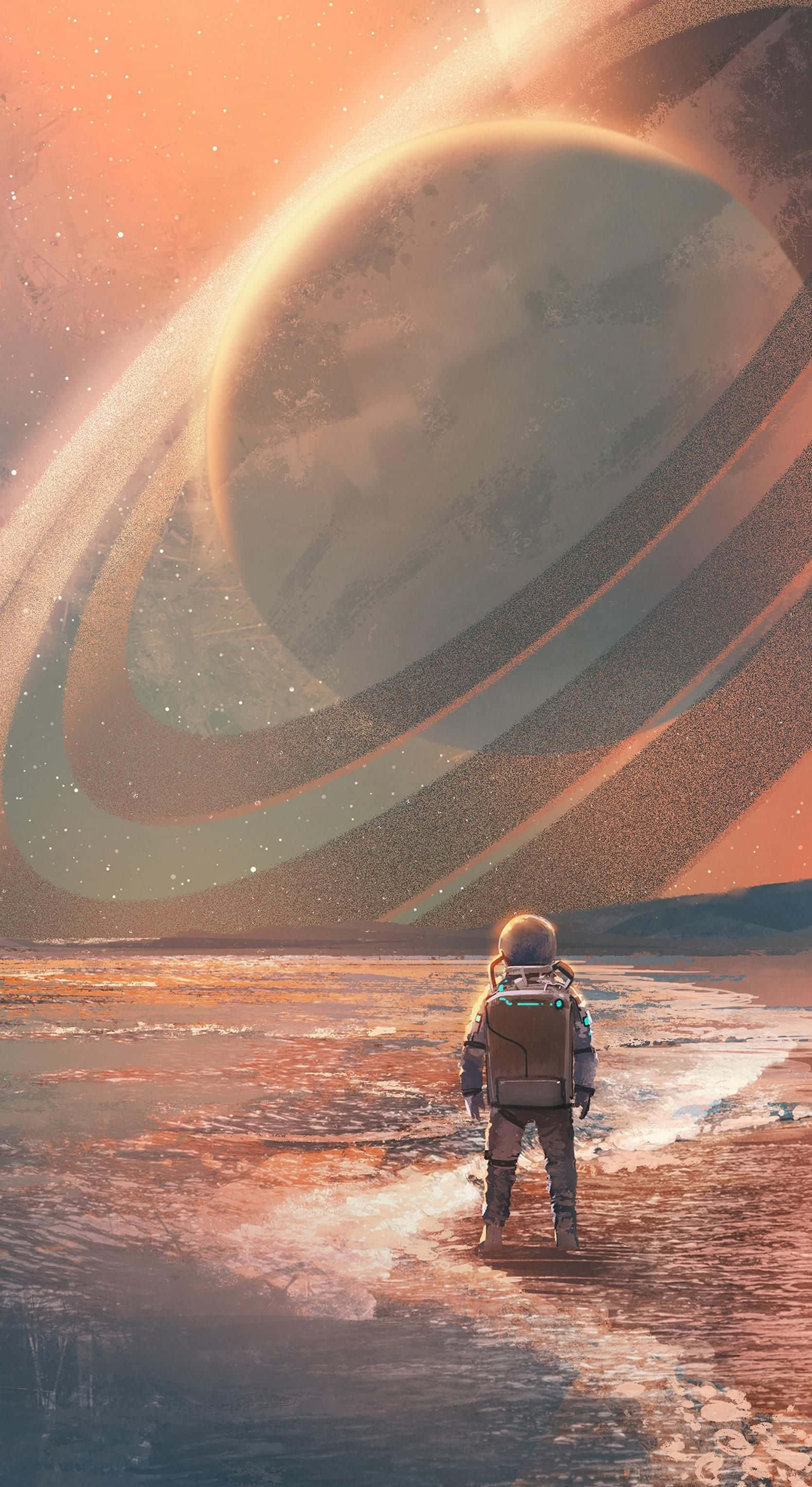 stranded astronaut, alien shore, massive ringed planet, 2K Phone Wallpaper