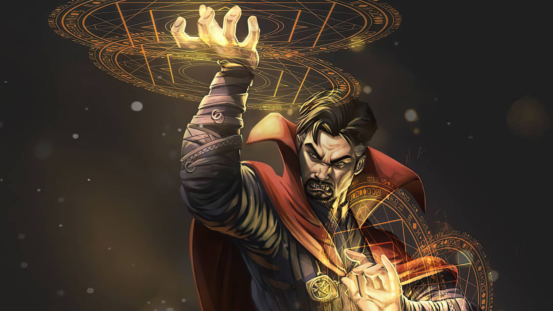 Strange Supreme, red cape, glowing golden magic, Full HD Desktop Wallpaper