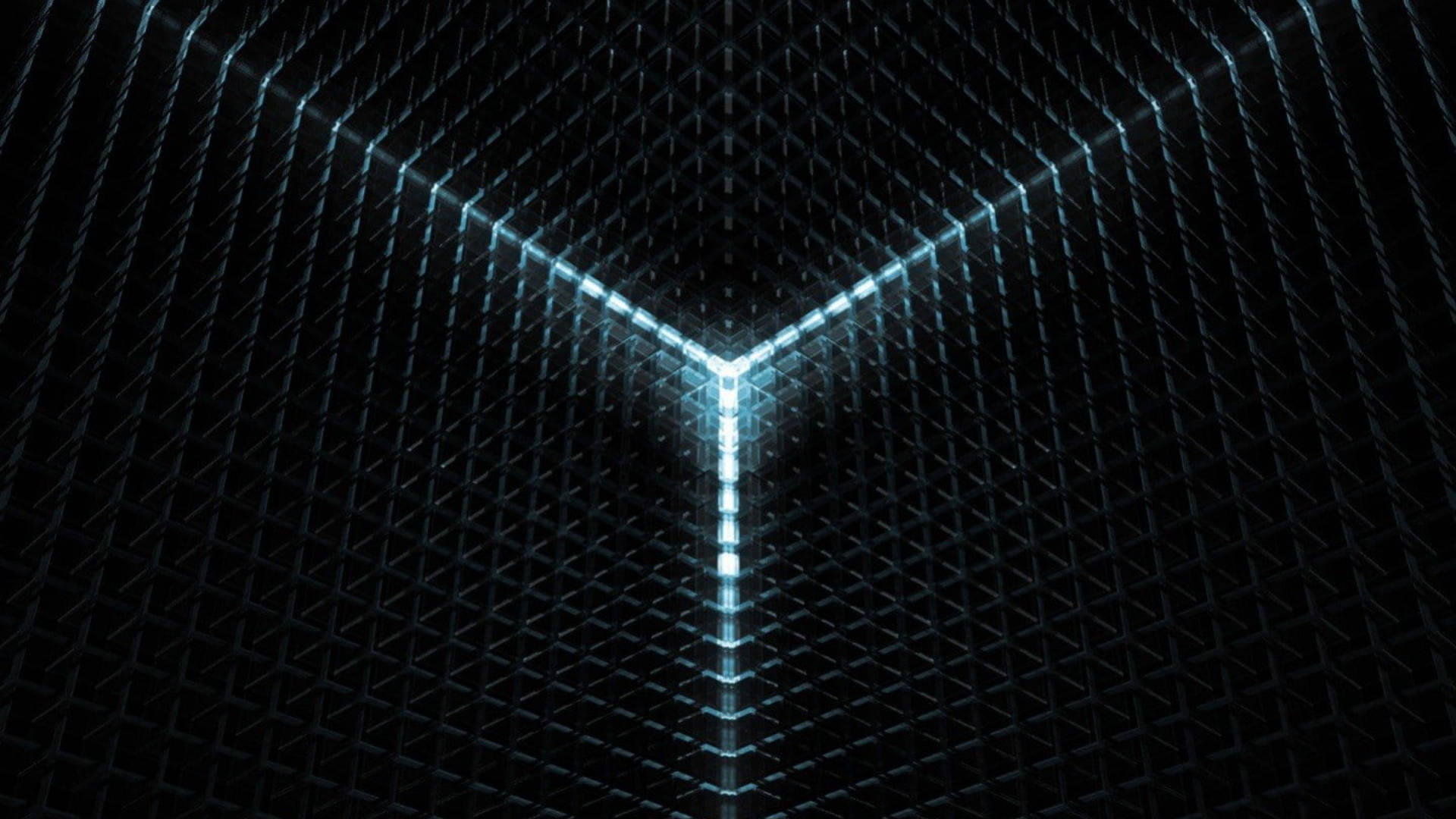 Hypercube LED Screen, glowing blue, Y-shaped light path, Full HD Desktop Wallpaper