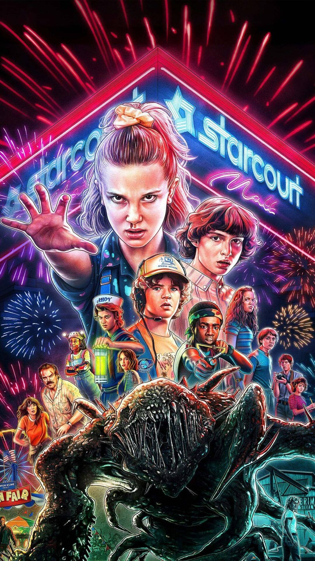 Stranger Things 3, title poster, neon-lit fireworks, Full HD Phone Wallpaper