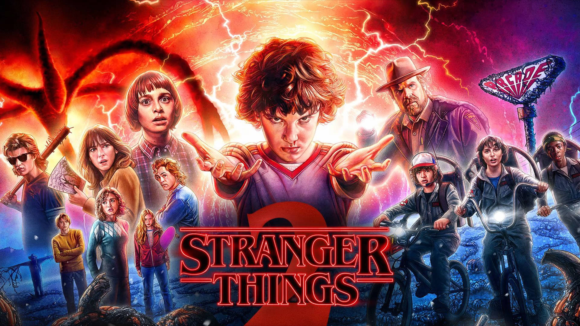 Stranger Things 3, firey supernatural storm, glowing lightning, Full HD Desktop Wallpaper