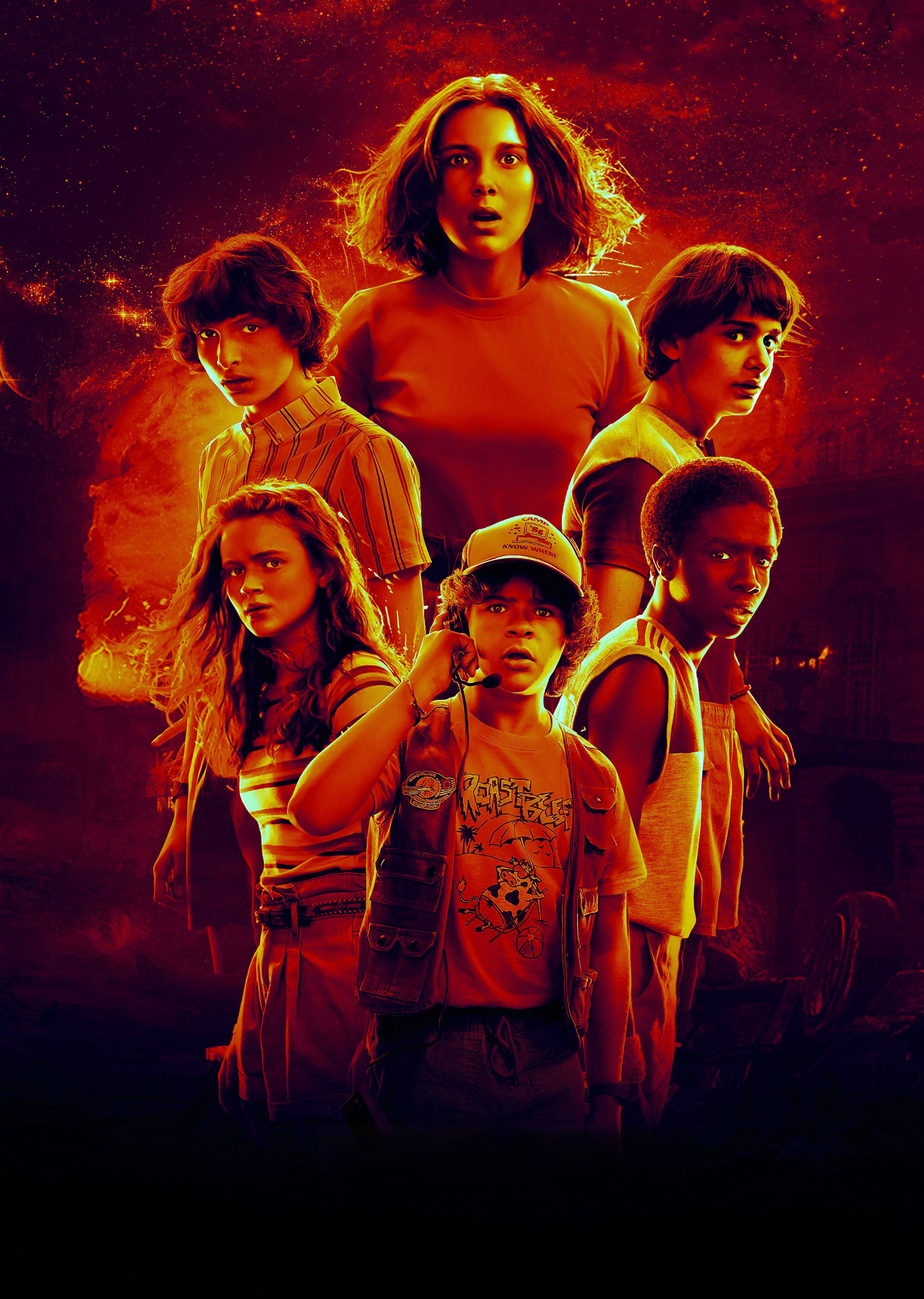 Stranger Things 3, retro character poster, six young characters, 4K Phone Wallpaper
