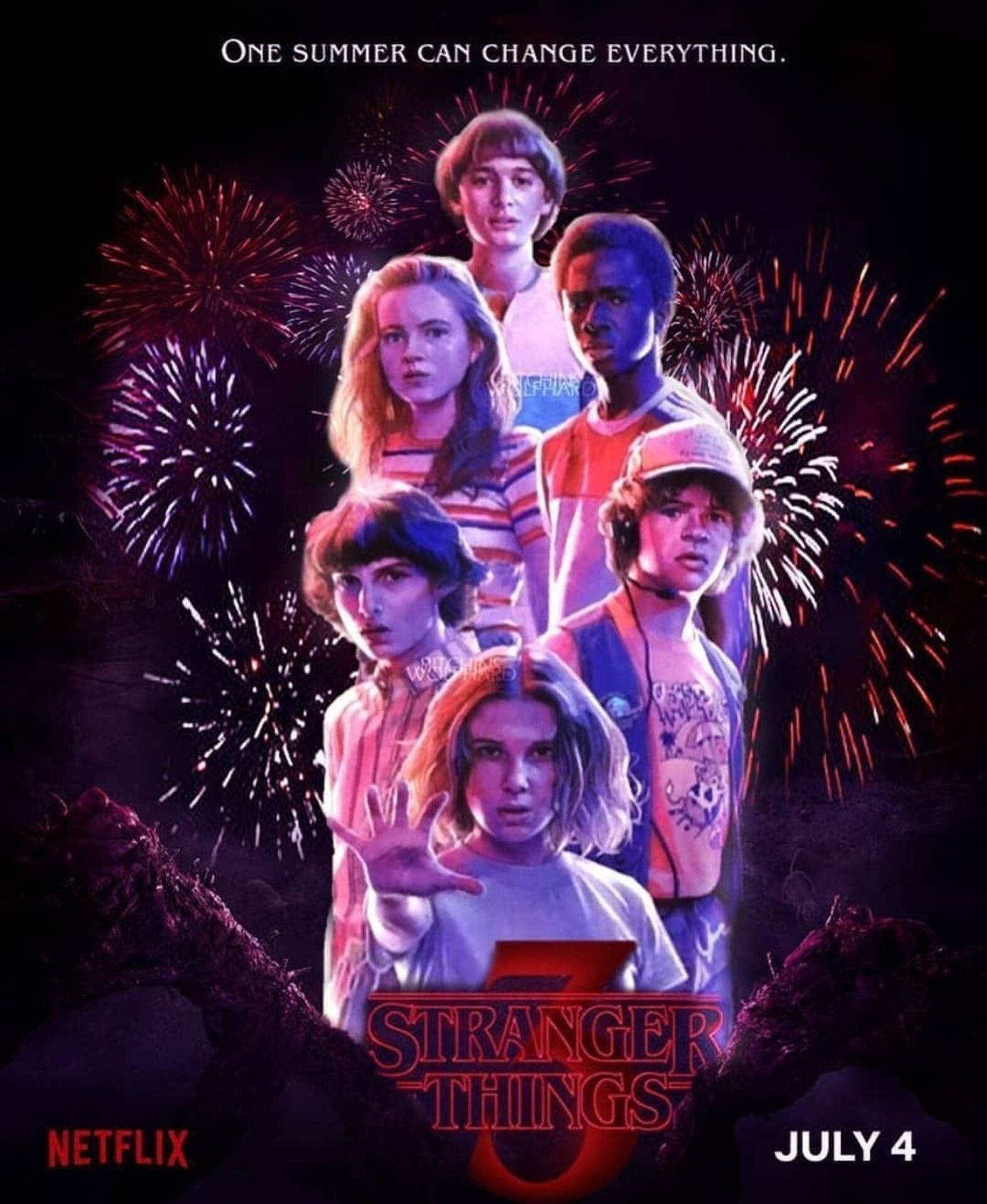 Stranger Things 3, purple fireworks, dark sky, Full HD Phone Wallpaper