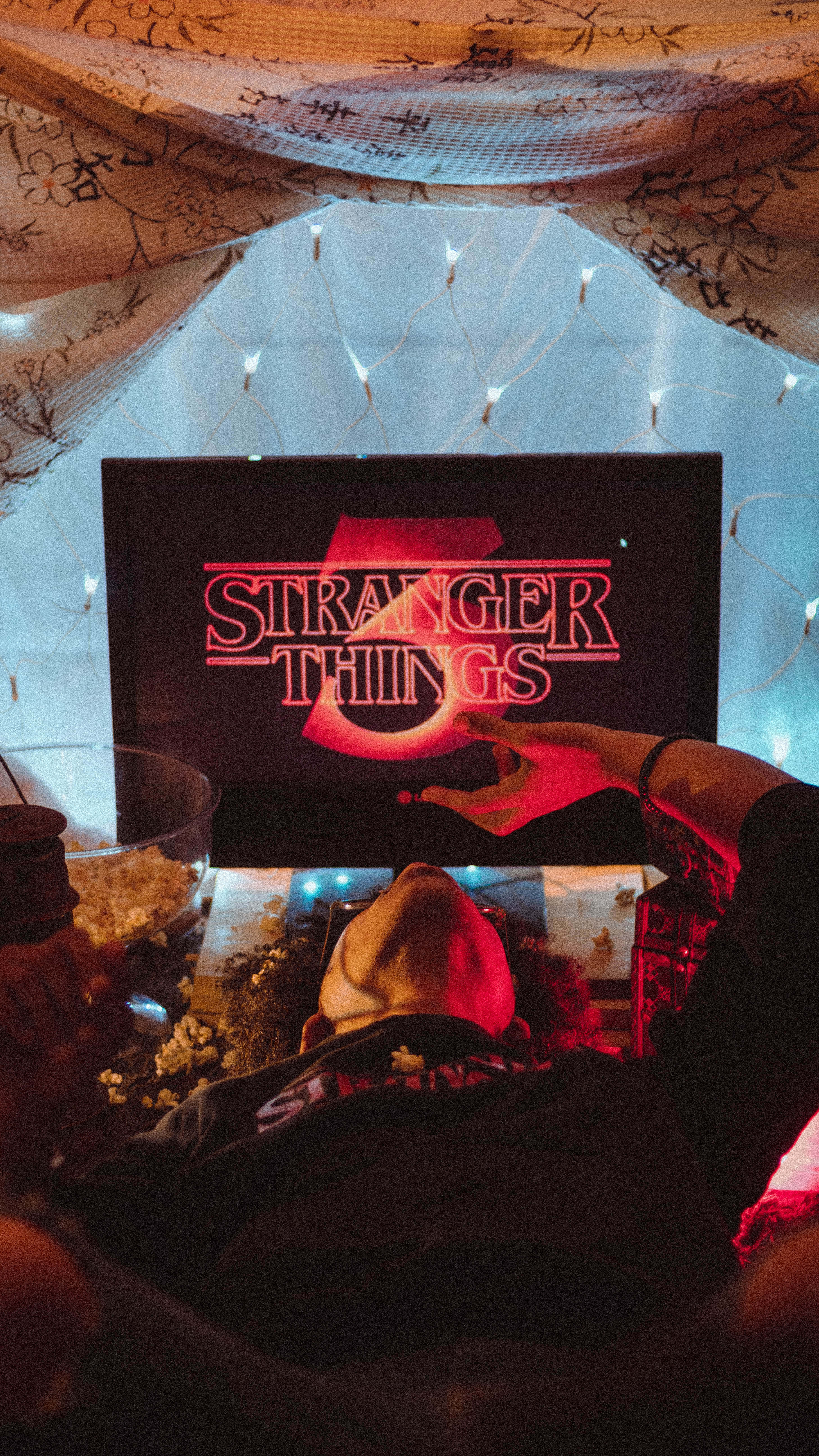 Stranger Things, laptop, string lights, 5K Phone Wallpaper