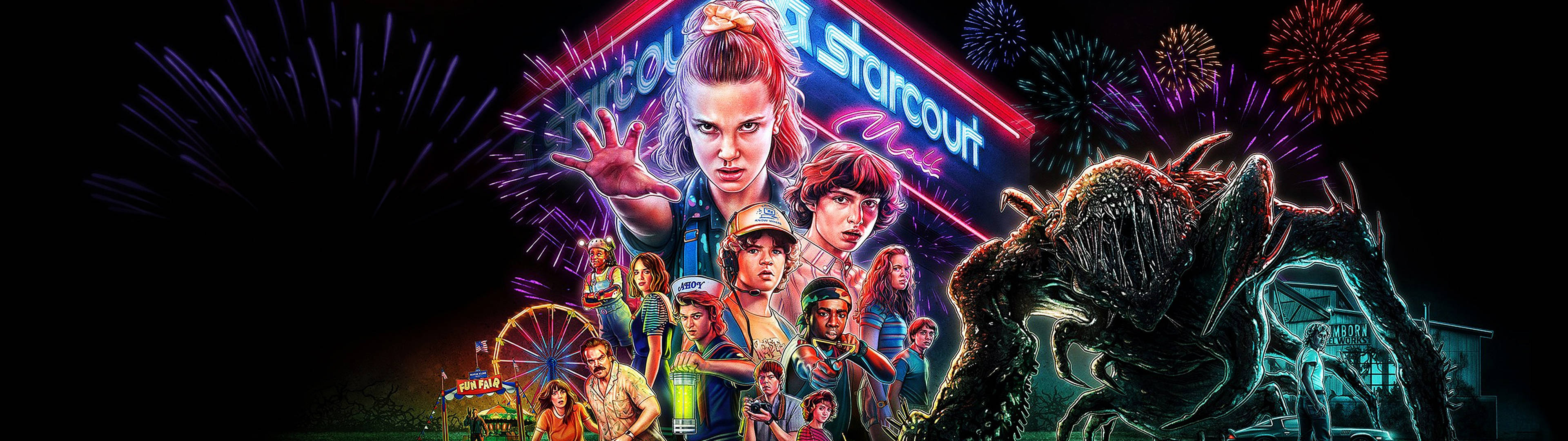 Stranger Things, neon-lit, horror movie poster, 4K Desktop Wallpaper