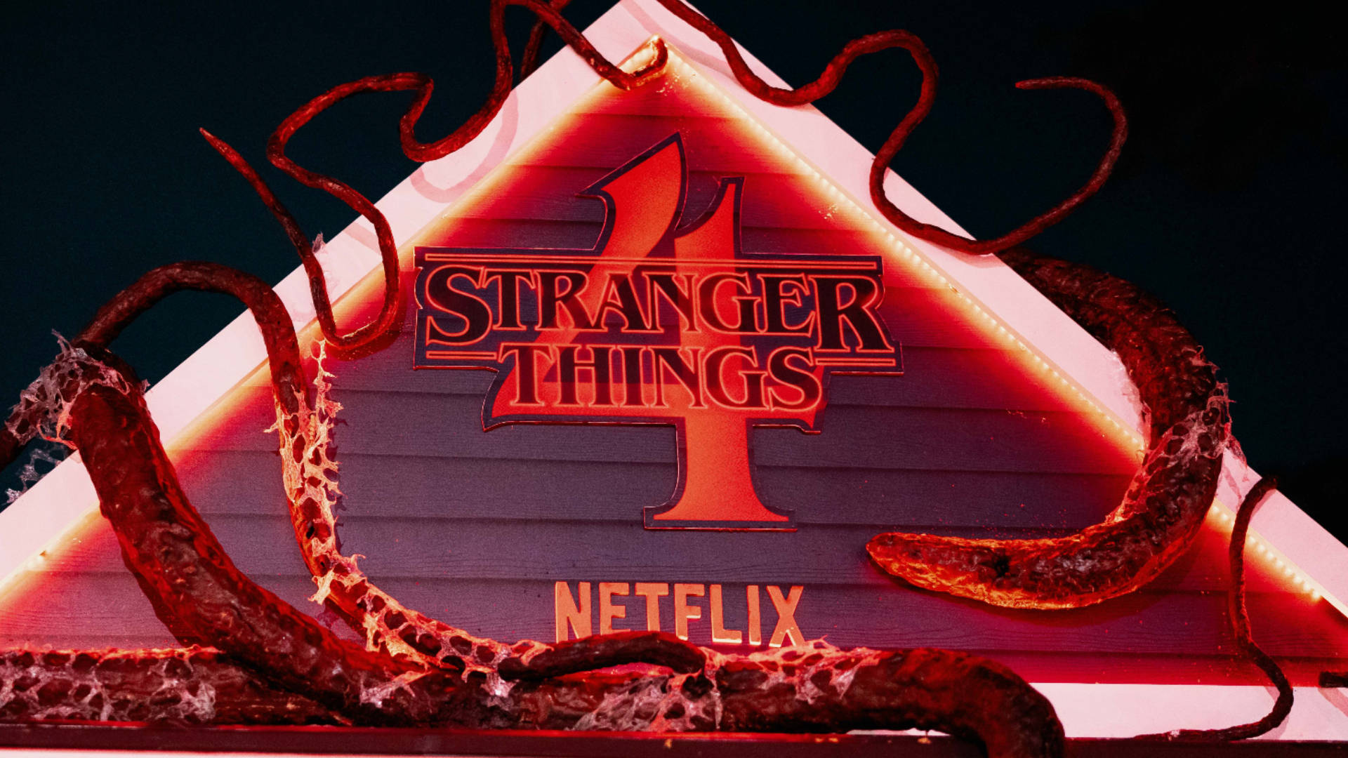 Stranger Things 4, glowing red neon sign, deep night sky, Full HD Desktop Wallpaper