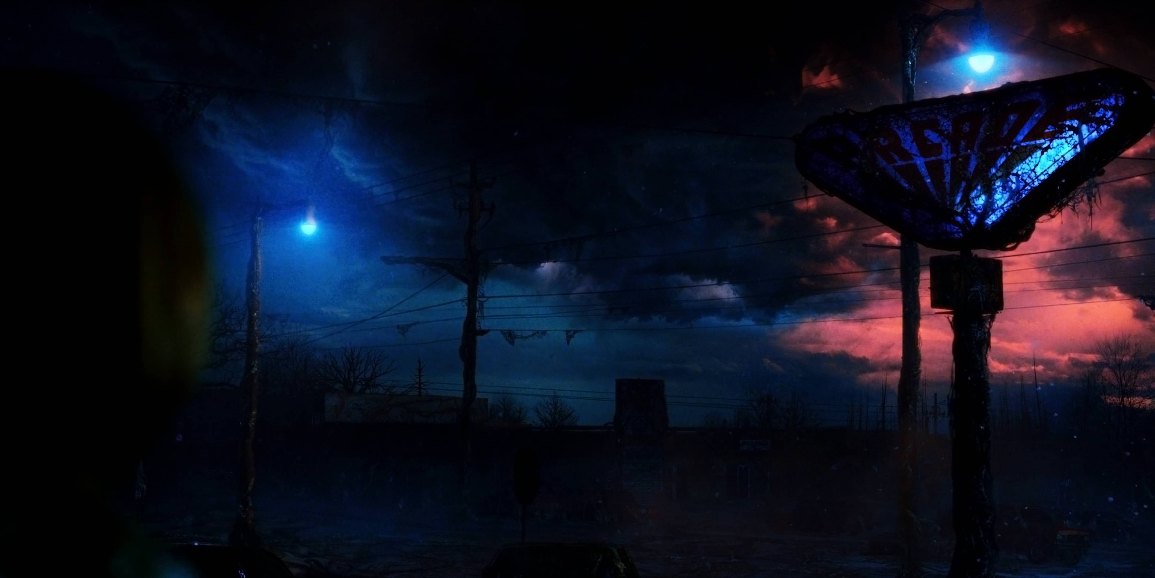 Stranger Things 4K, glowing blue street sign, stormy sky, 4K Desktop Wallpaper