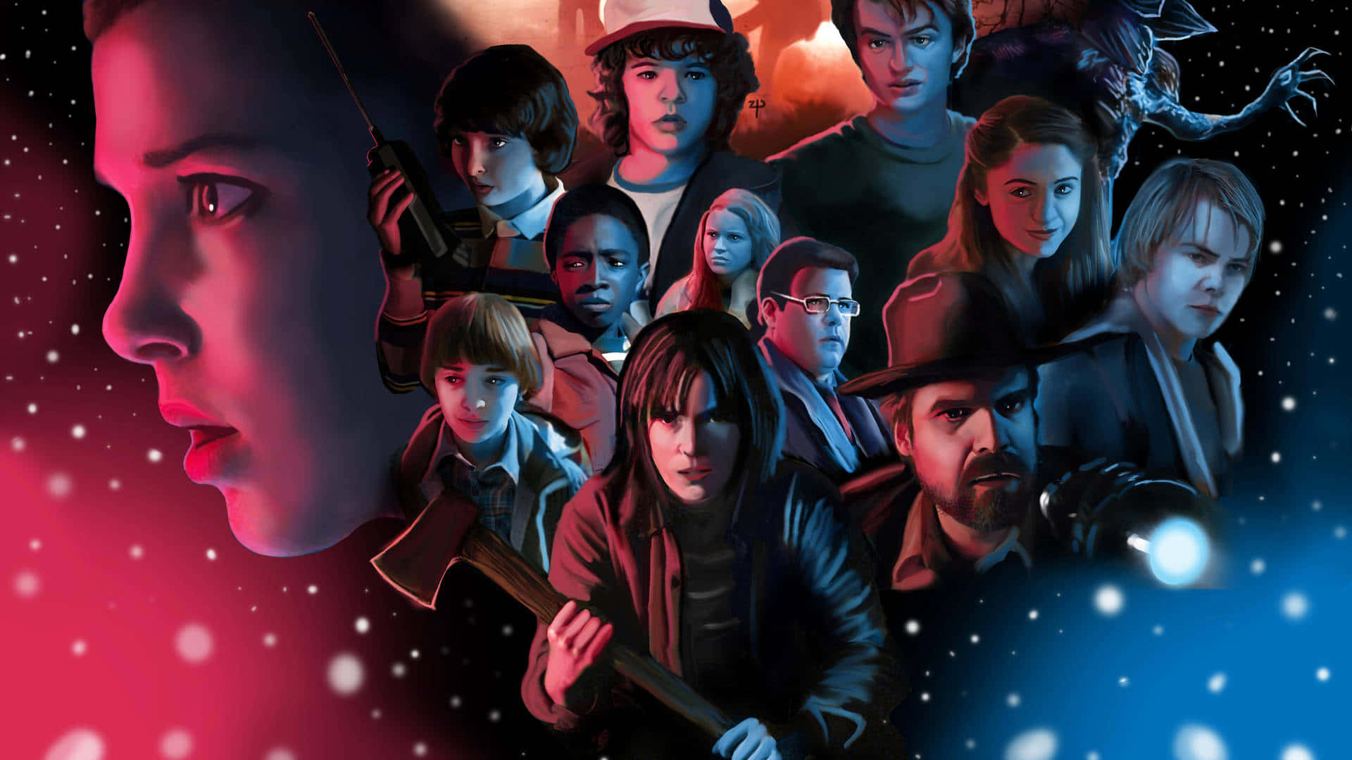 Stranger Things, cosmic red and blue starfield, glowing particles, Full HD Desktop Wallpaper
