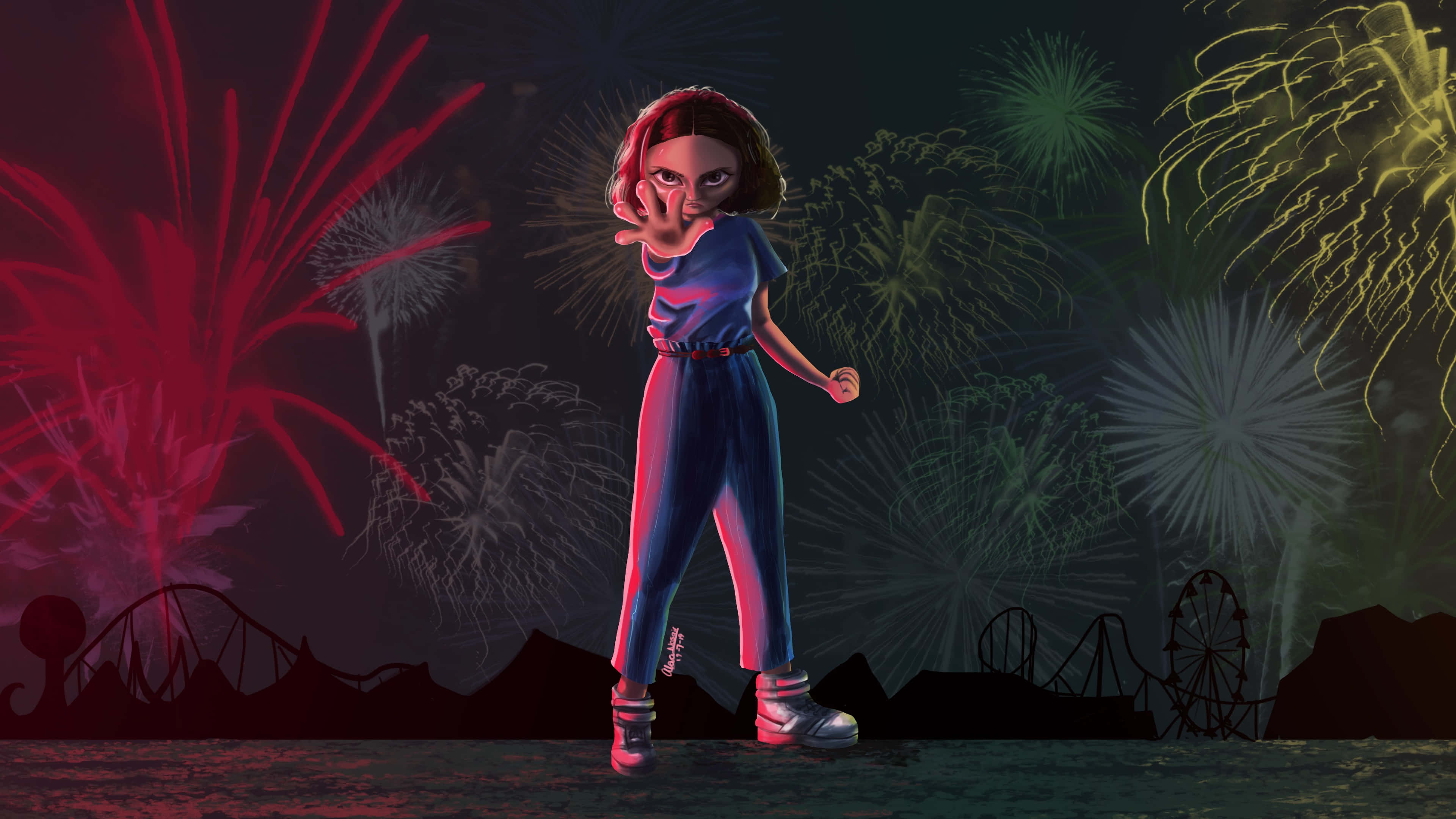 Stranger Things, blue jumpsuit, vibrant red green and yellow fireworks, 4K Desktop Wallpaper