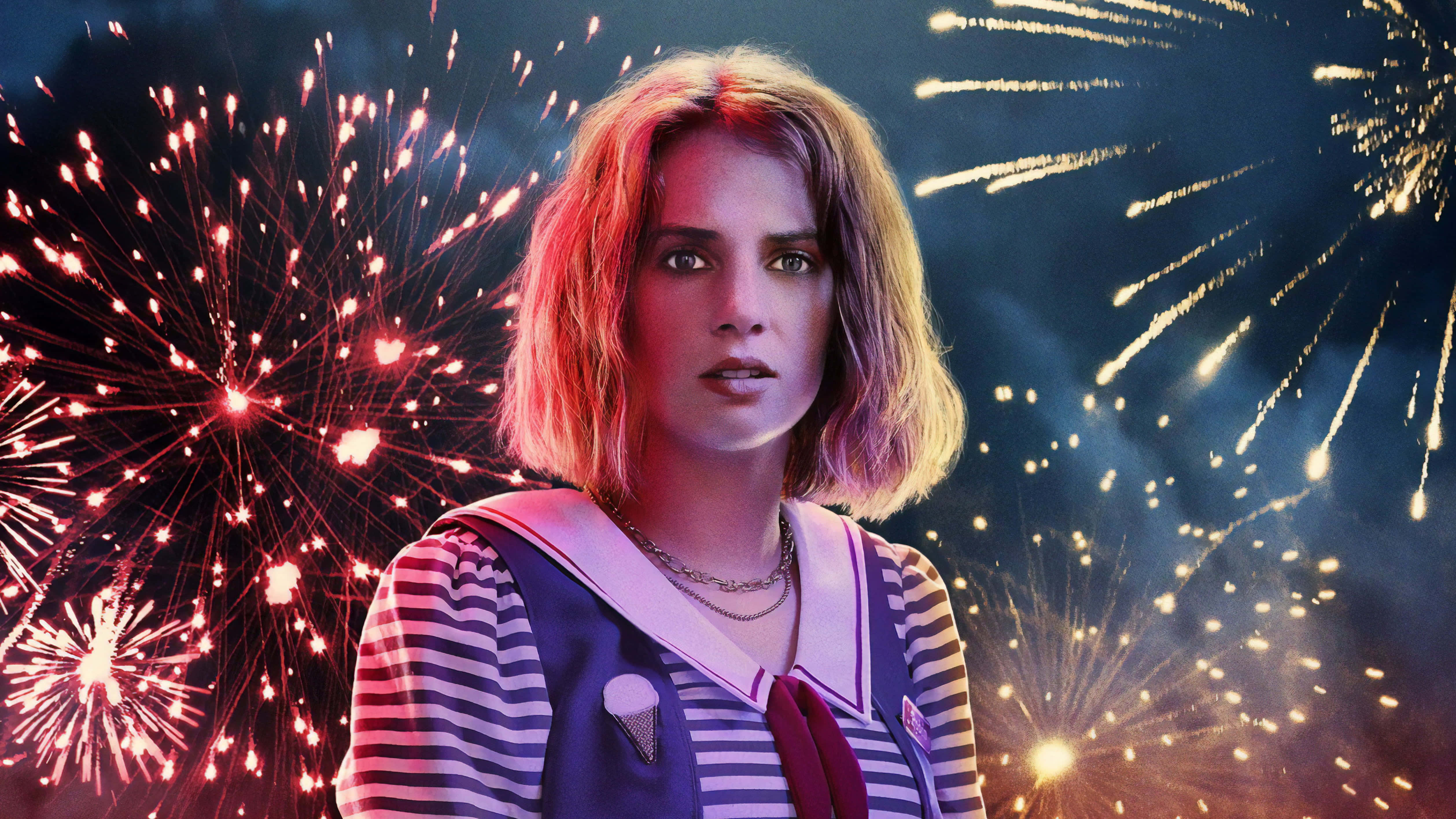 Stranger Things Aesthetic, striped sailor outfit, vibrant night sky, 4K Desktop Wallpaper