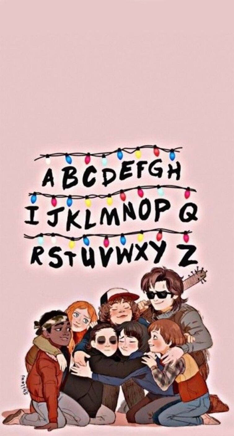 Stranger Things, cartoon friends, colorful string lights, HD Phone Wallpaper