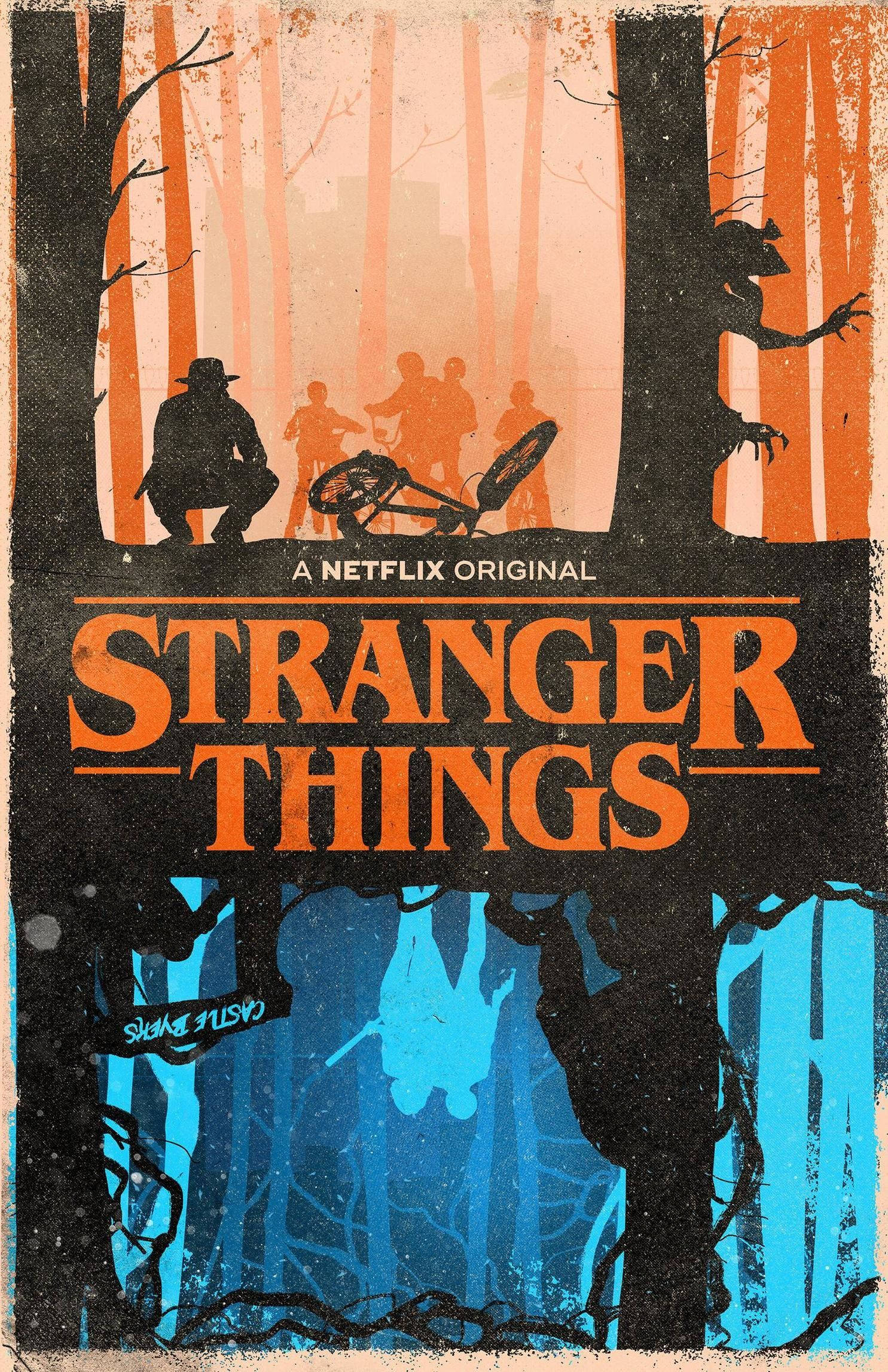 Stranger Things, bike, silhouetted figures, Full HD Phone Wallpaper
