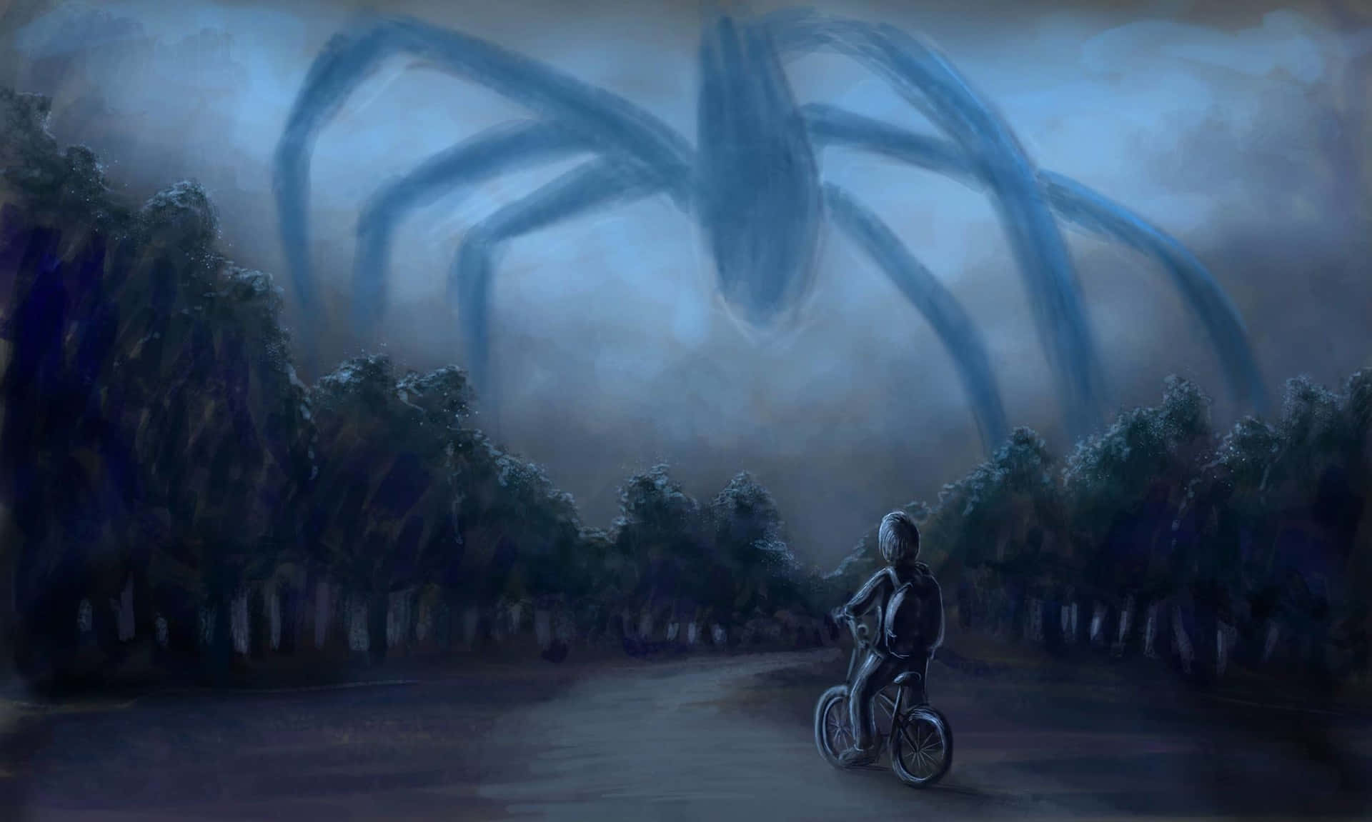 Stranger Things Bike, blue spider, misty forest road, Full HD Desktop Wallpaper