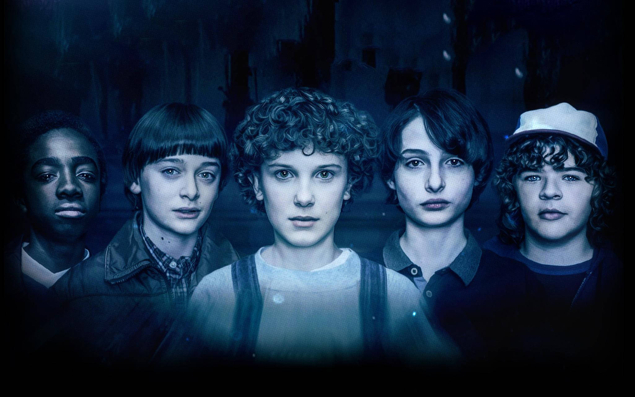 Stranger Things Cast, dark blue, eerie blue lighting, Full HD Desktop Wallpaper