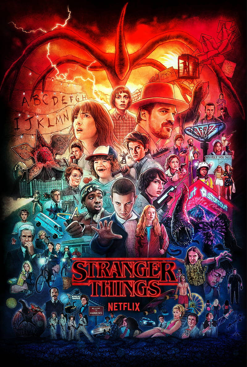Stranger Things, iconic scenes, firey red and dark blue backdrop, SD Phone Wallpaper