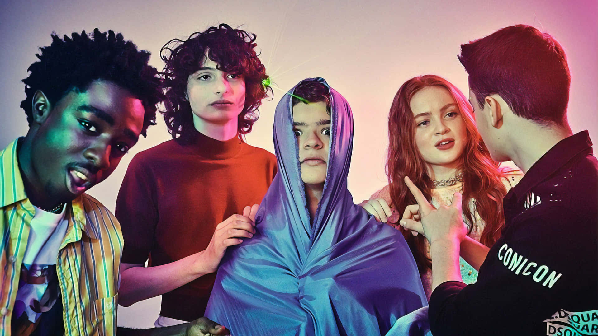 Stranger Things Cast, neon-lit studio, glowing blue hood, Full HD Desktop Wallpaper