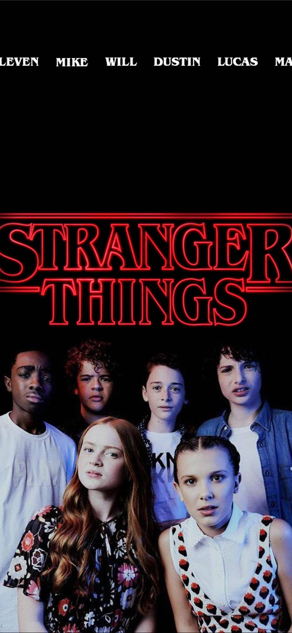 Stranger Things, six young characters, black background, 2K Phone Wallpaper