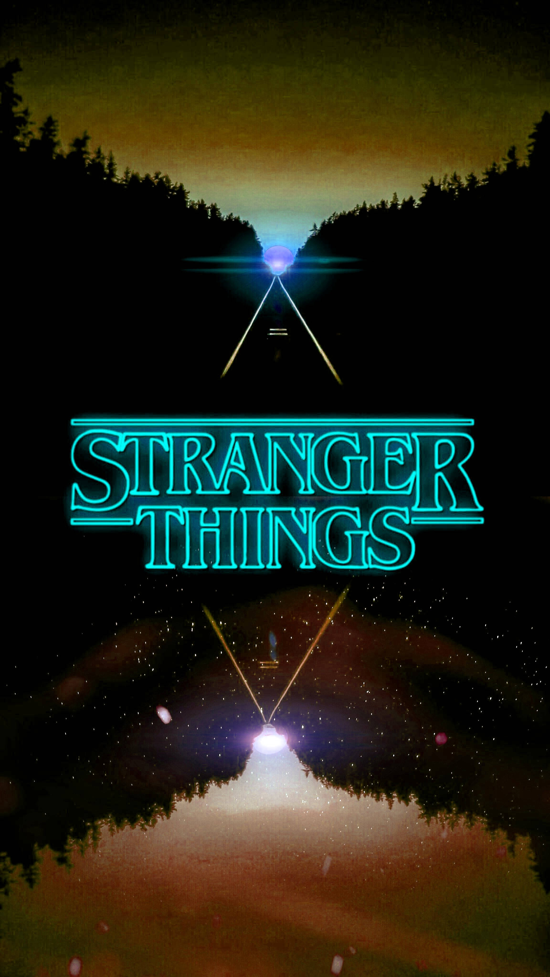 Stranger Things, neon-lit title card, dark forest road, 4K Phone Wallpaper