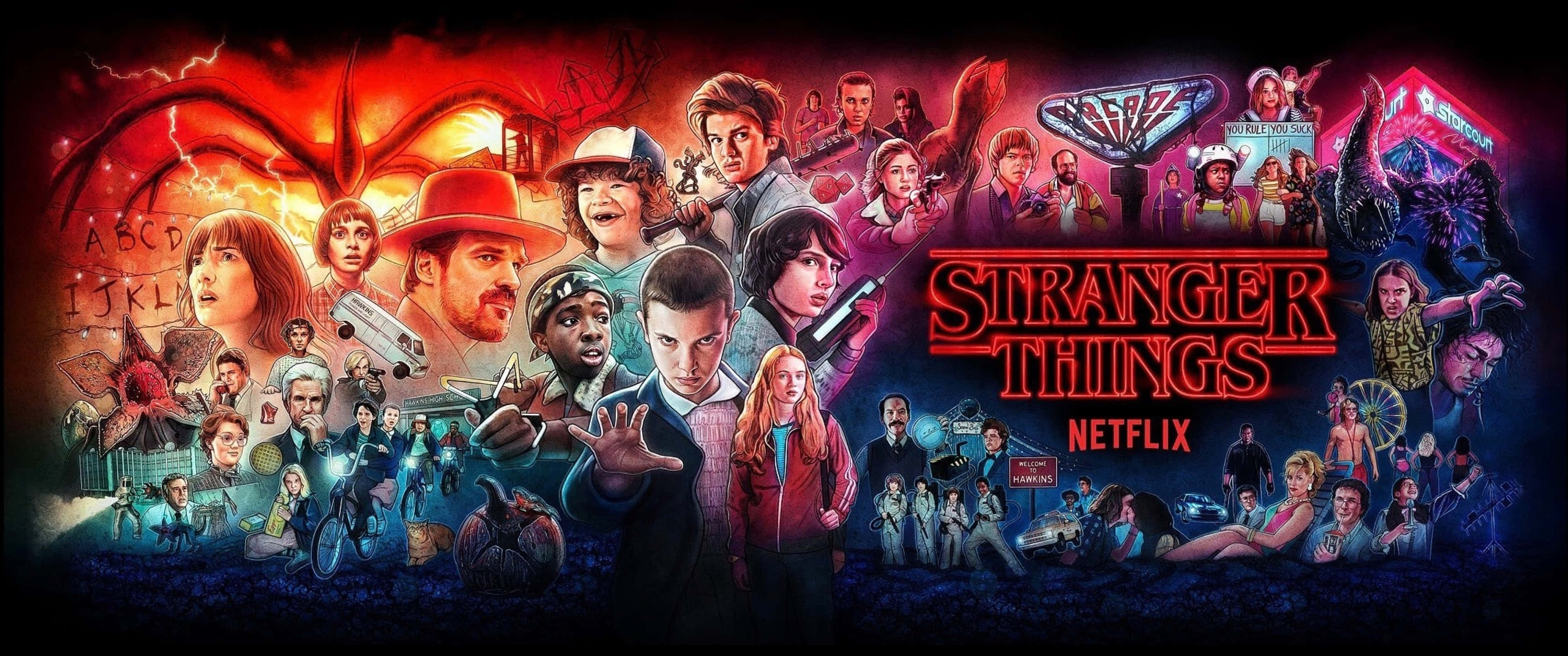 Stranger Things, firey red, dark blue, 2K Desktop Wallpaper