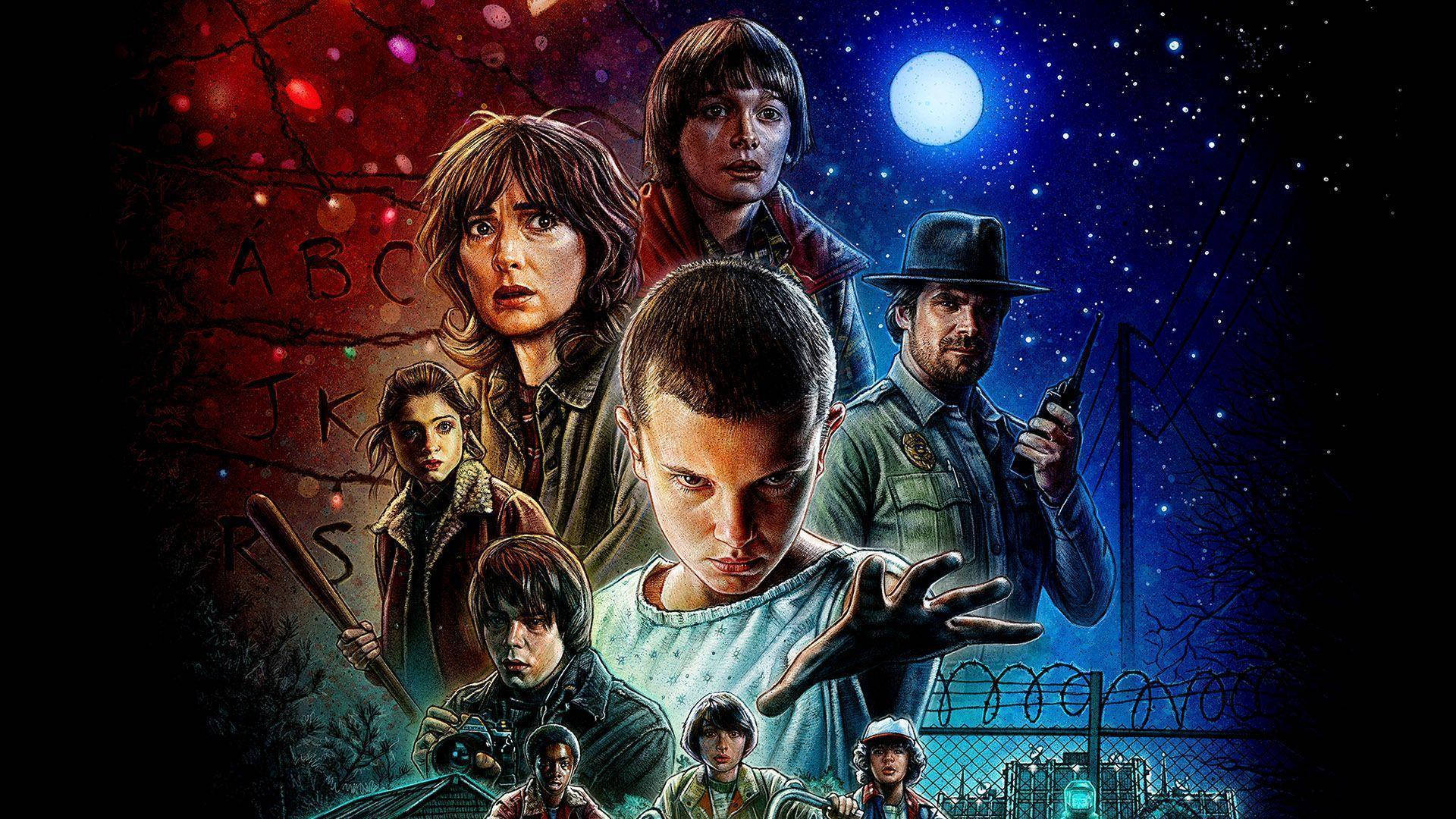 Stranger Things, red and blue night sky, full moon, Full HD Desktop Wallpaper