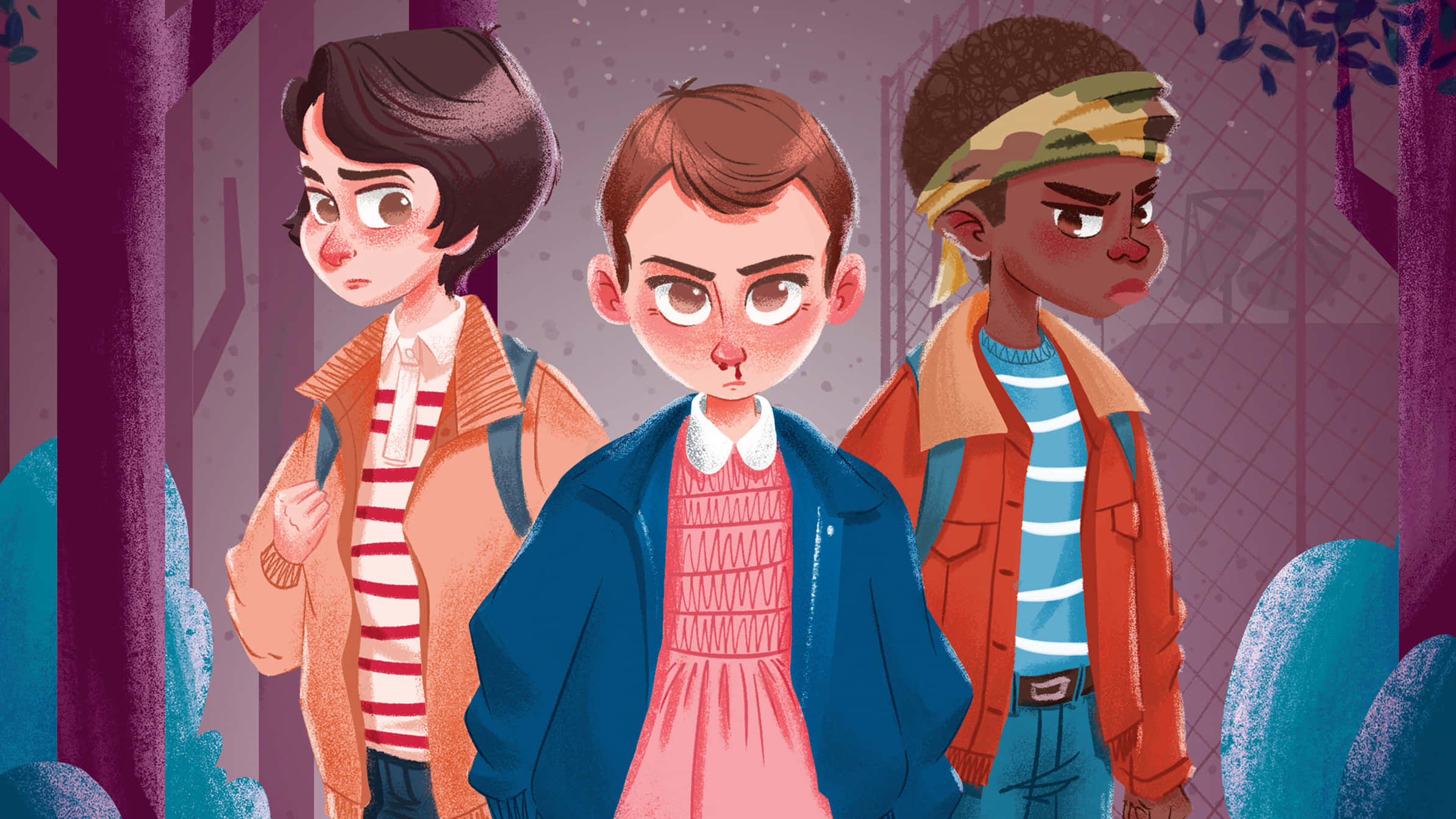Stranger Things Girly, cartoon, purple-hued forest, Full HD Desktop Wallpaper
