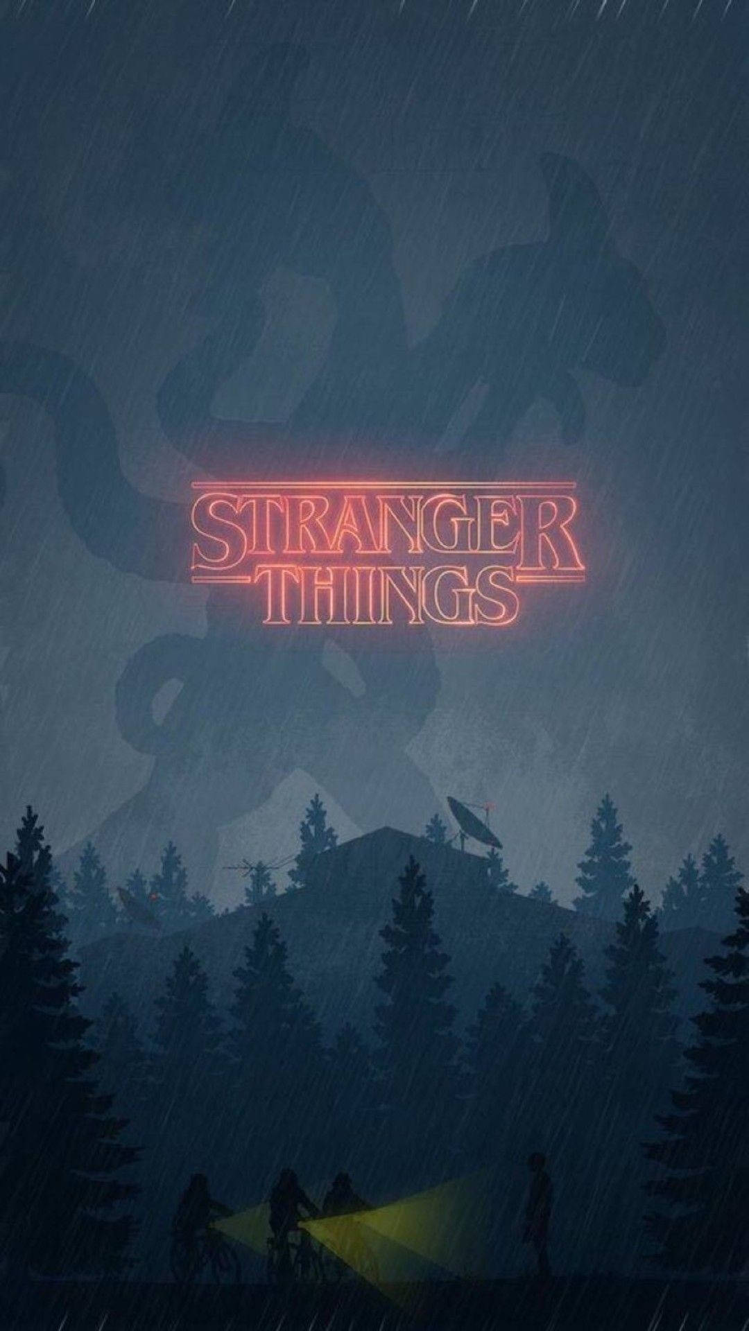 Stranger Things, neon Stranger Things sign, rainy forest, Full HD Phone Wallpaper