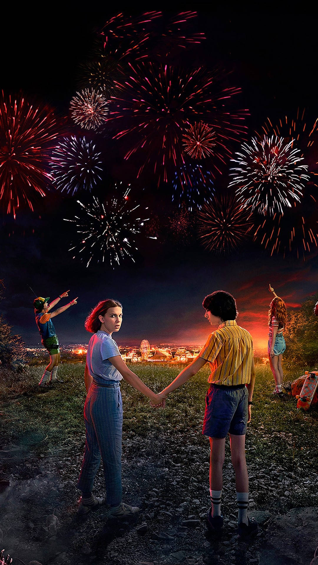 Stranger Things, fireworks display, glowing cityscape, Full HD Phone Wallpaper