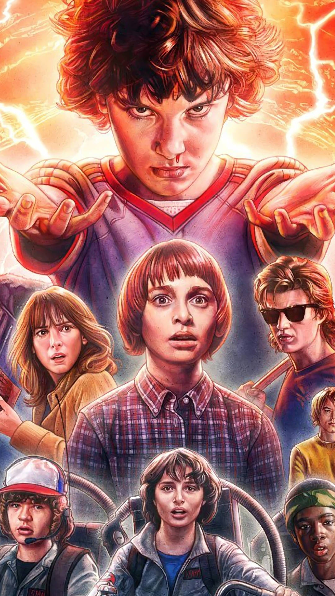 Stranger Things, main characters, glowing supernatural energy, Full HD Phone Wallpaper