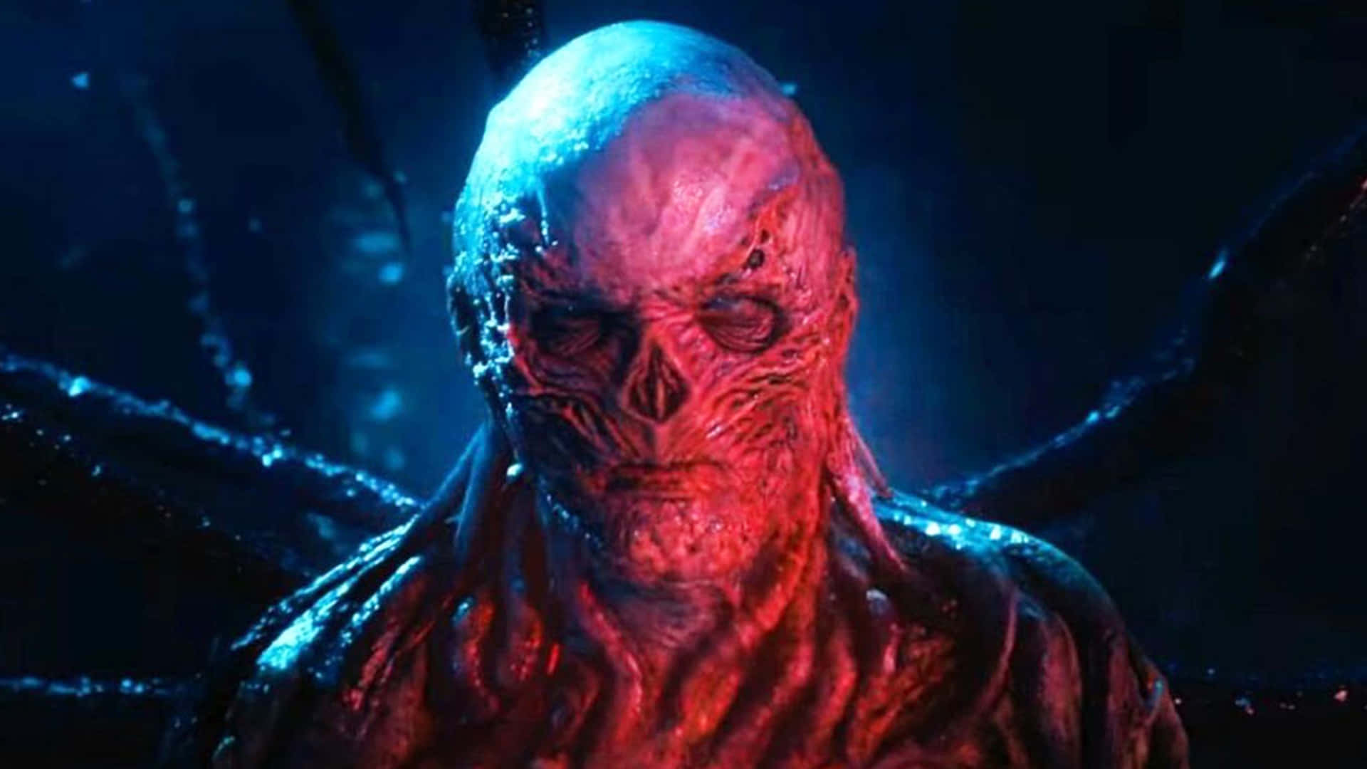 Stranger Things Vecna, skull-like face, glows red and blue, Full HD Desktop Wallpaper
