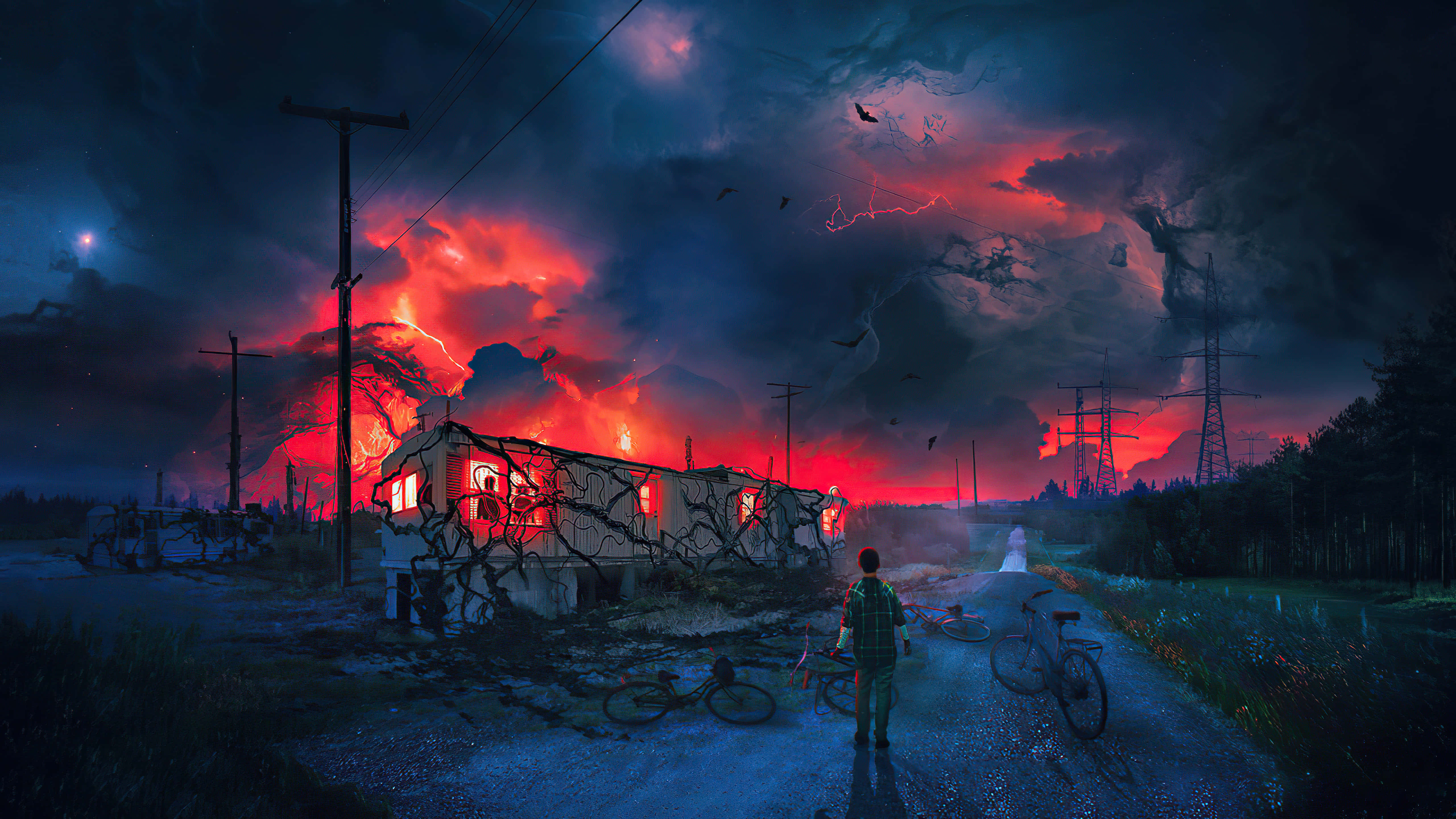 Stranger Things, burning house, stormy red and blue sky, 5K Desktop Wallpaper