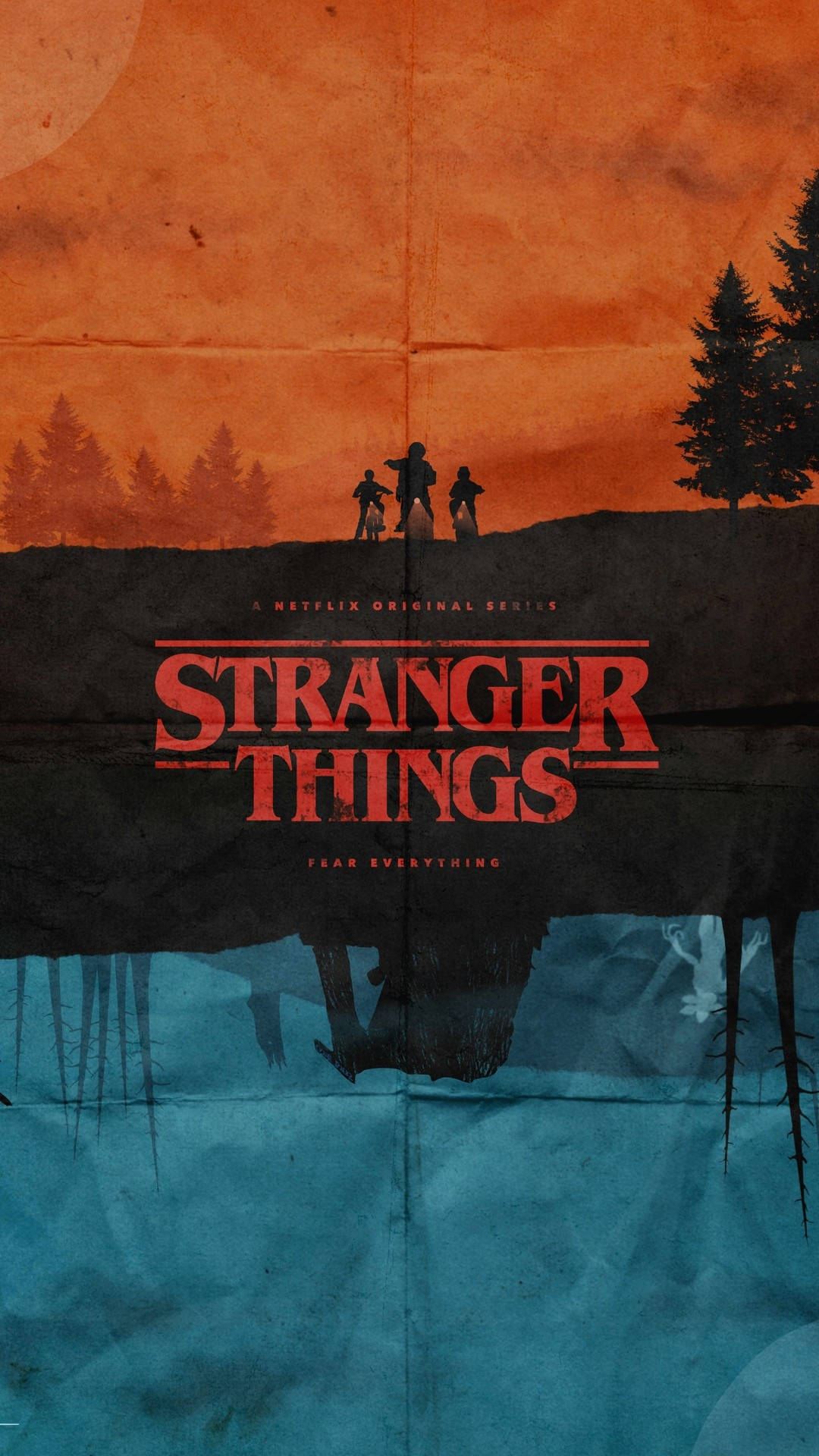 Stranger Things, orange sky, pine trees, Full HD Phone Wallpaper