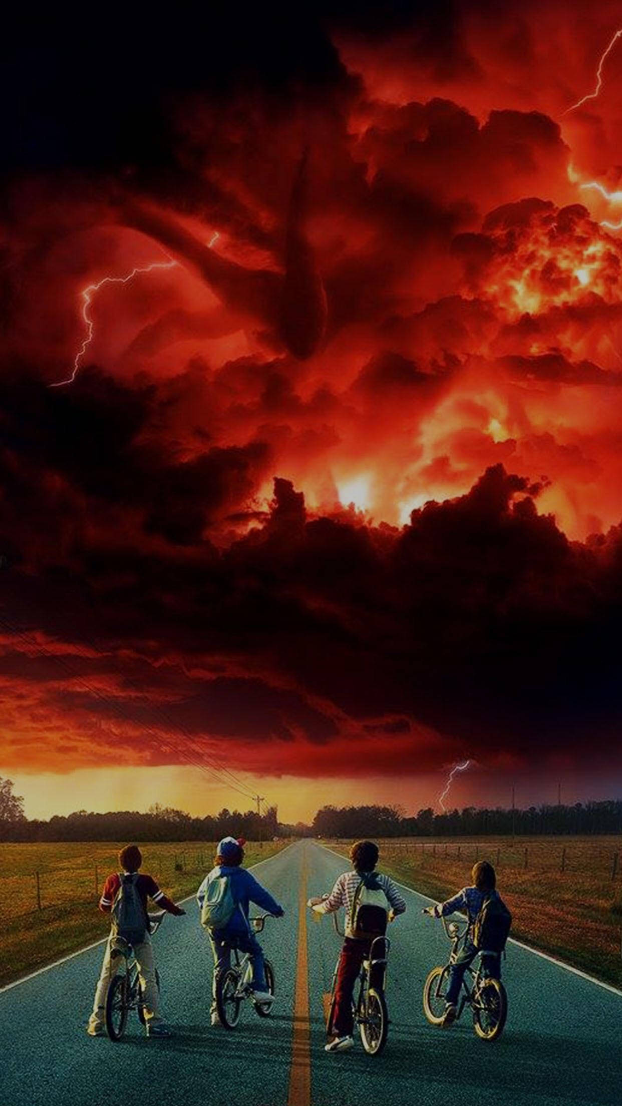 Stranger Things, young bikers, rural road, Full HD Phone Wallpaper
