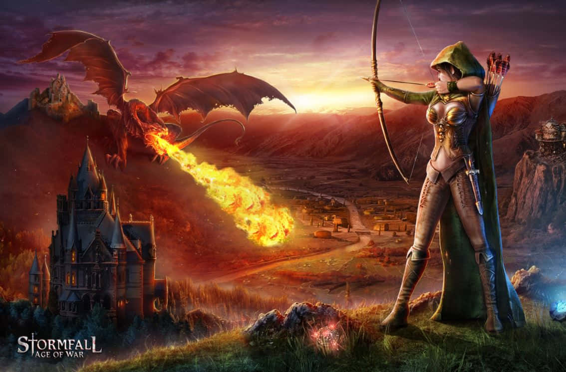 hooded female archer, fiery dragon, castle, SD Desktop Wallpaper