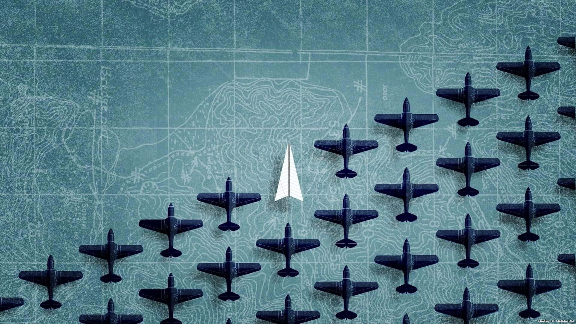 strategy game, white paper airplane, dark blue toy airplanes, Full HD Desktop Wallpaper
