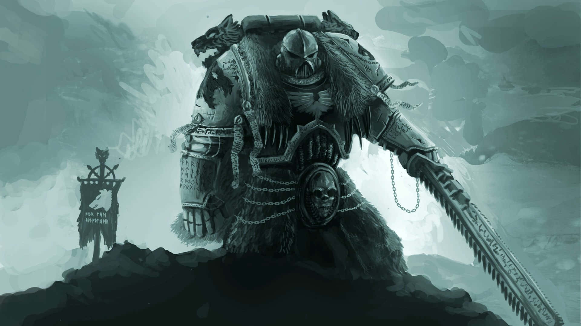 strategy game, grim armored warrior, chainsword, Full HD Desktop Wallpaper