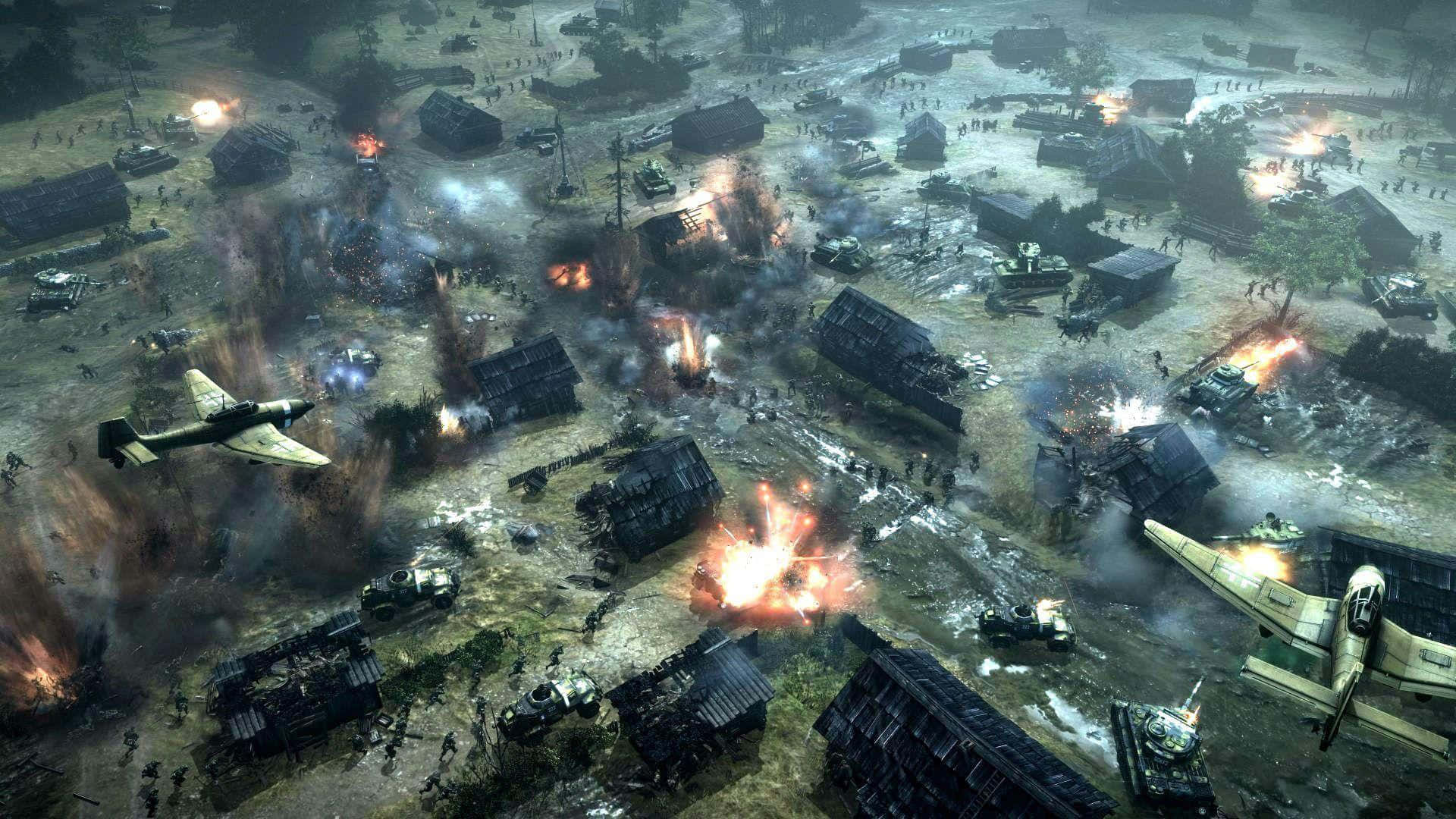 strategy game, aerial and ground battle, war-torn village, Full HD Desktop Wallpaper