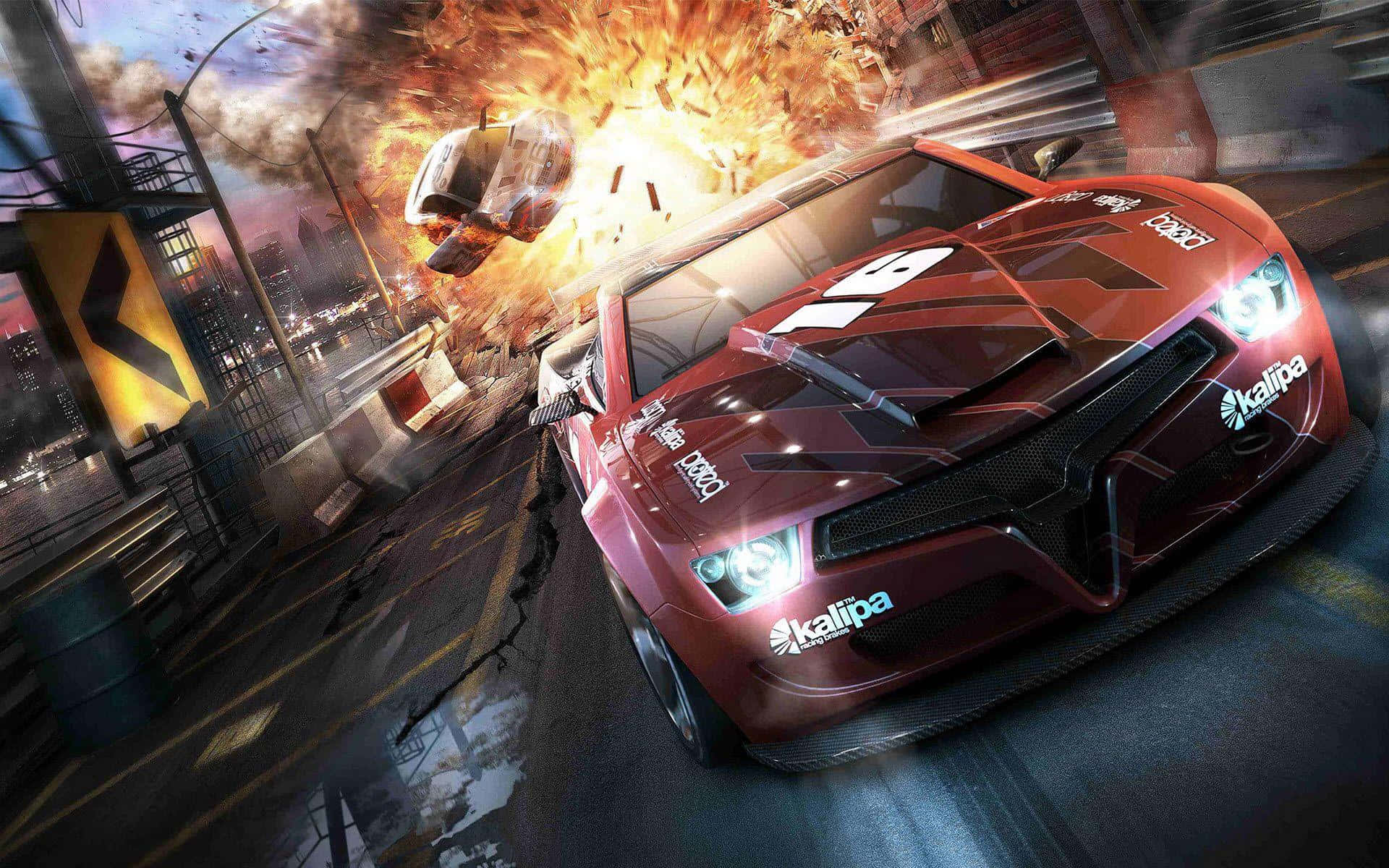 red race car, city street, explosion, Full HD Desktop Wallpaper