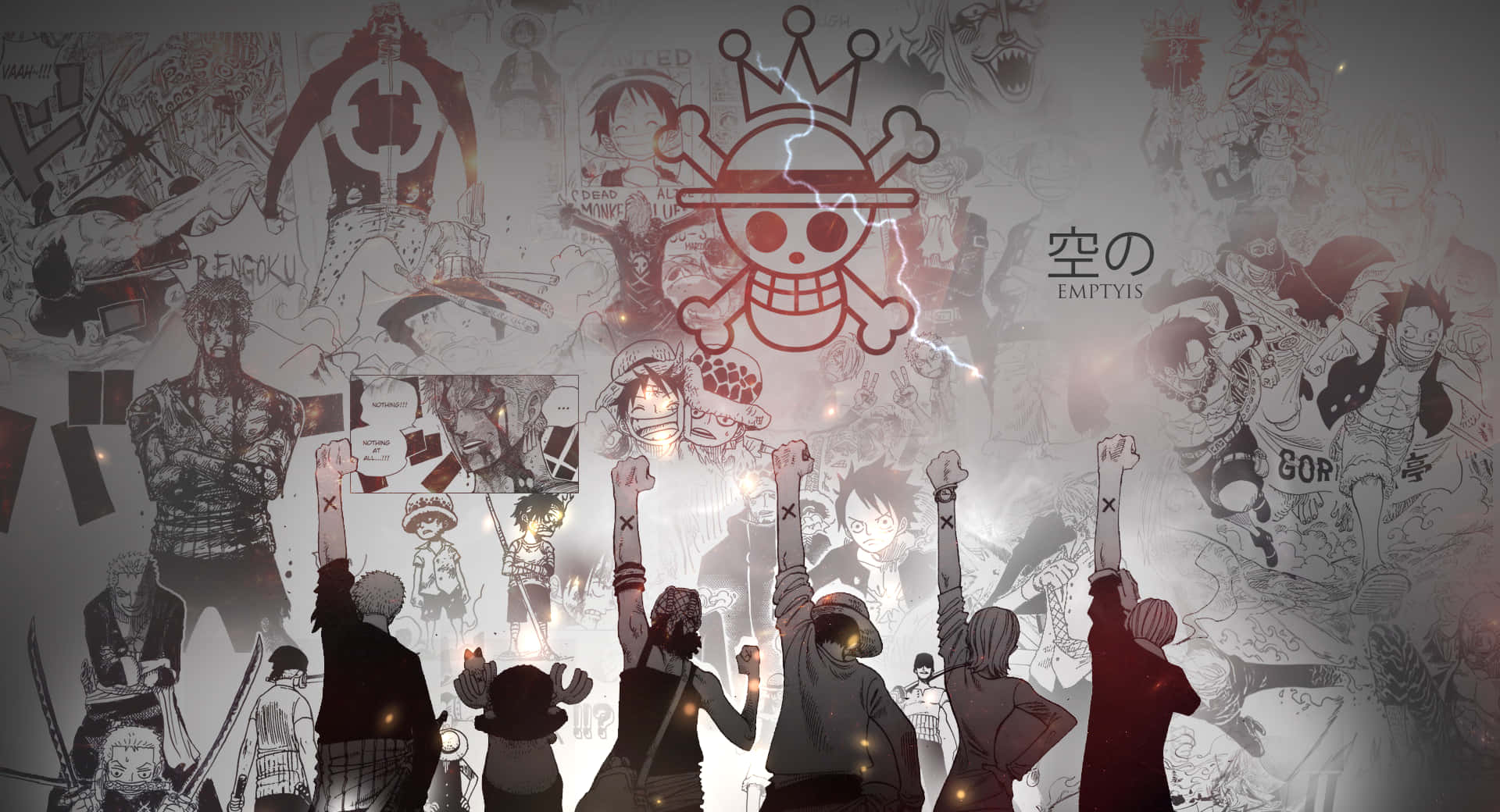 Straw Hat Pirates, glowing red skull and crossbones emblem, anime character sketches, Full HD Desktop Wallpaper