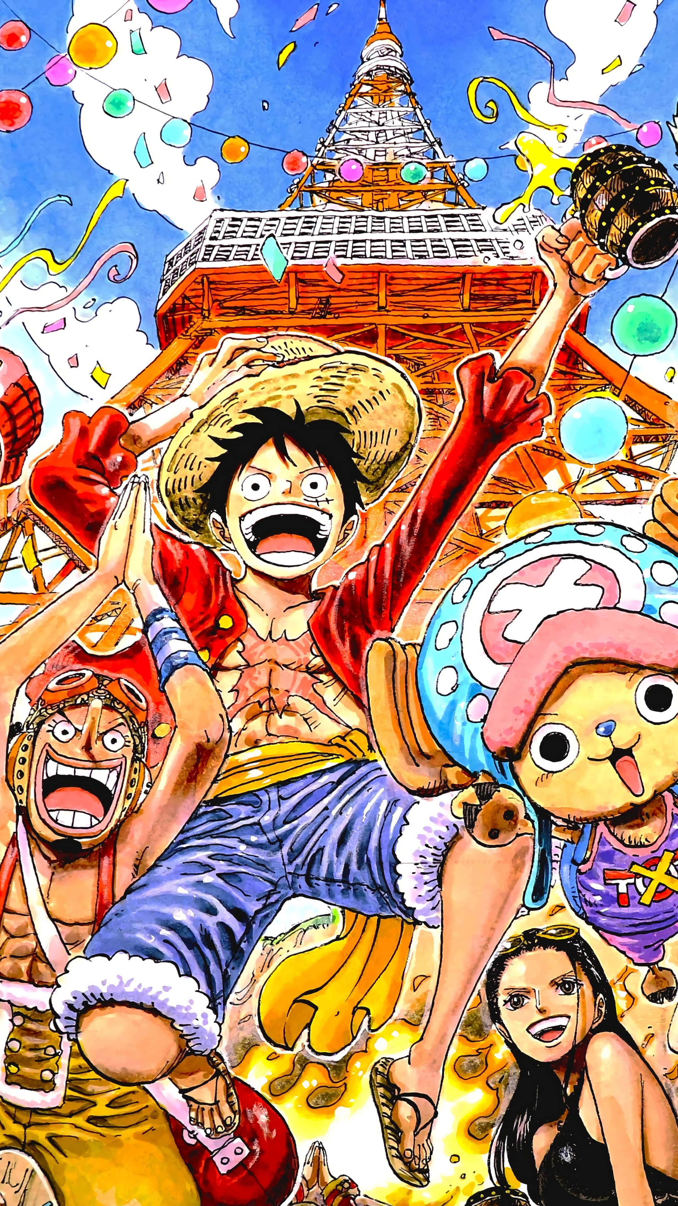 Straw Hat Pirates, celebrating, festive sky, 4K Phone Wallpaper