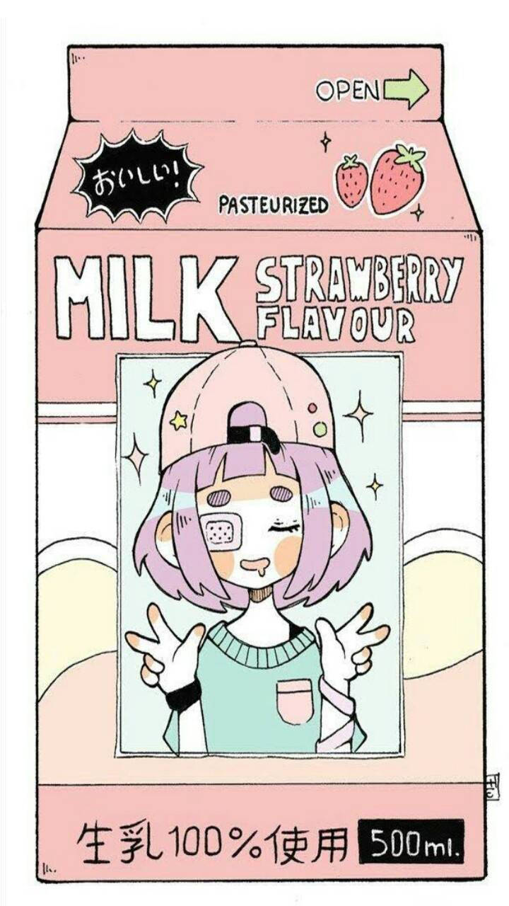 strawberry milk carton, anime girl, purple hair, HD Phone Wallpaper