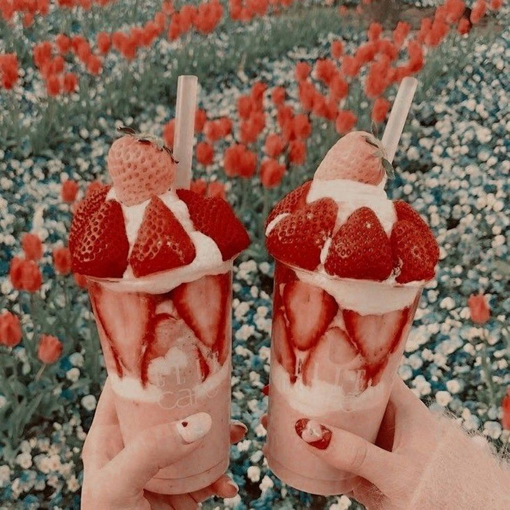 strawberry milkshakes, fresh strawberries, red and white flowers, SD Desktop Wallpaper