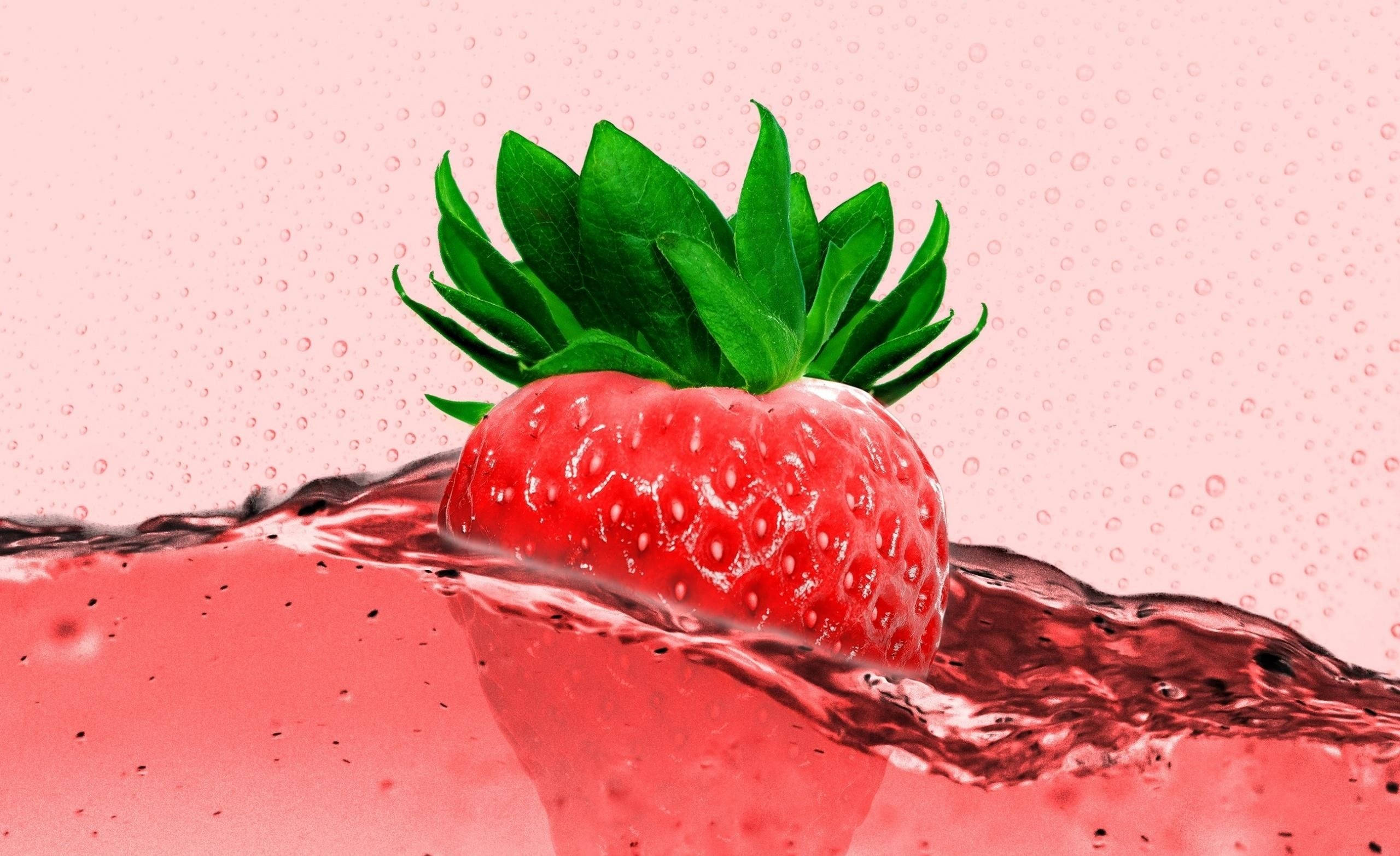 strawberry aesthetic, vibrant red strawberry, green leaves, 2K Desktop Wallpaper