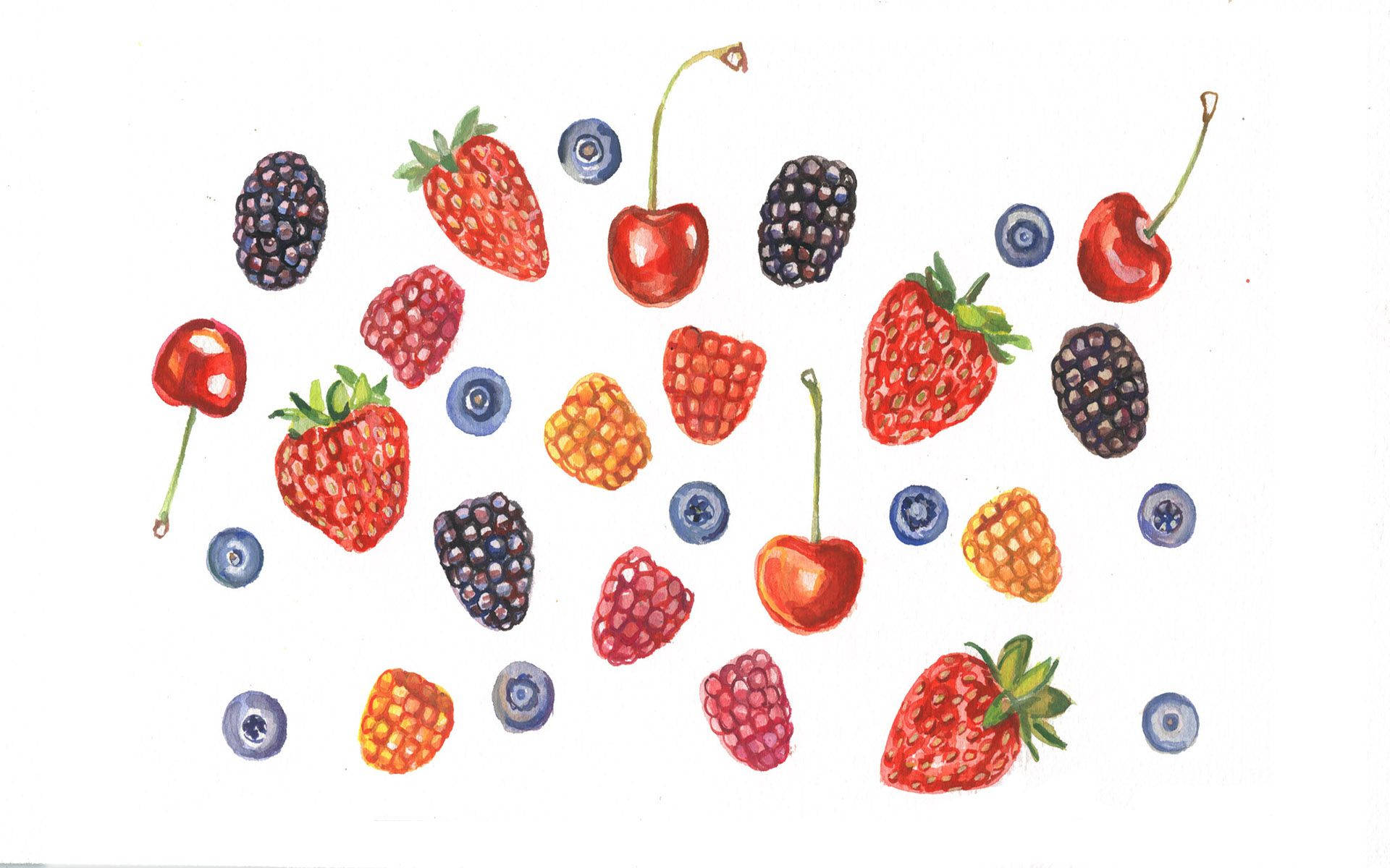 strawberry aesthetic, watercolor illustration, assorted berries, Full HD Desktop Wallpaper