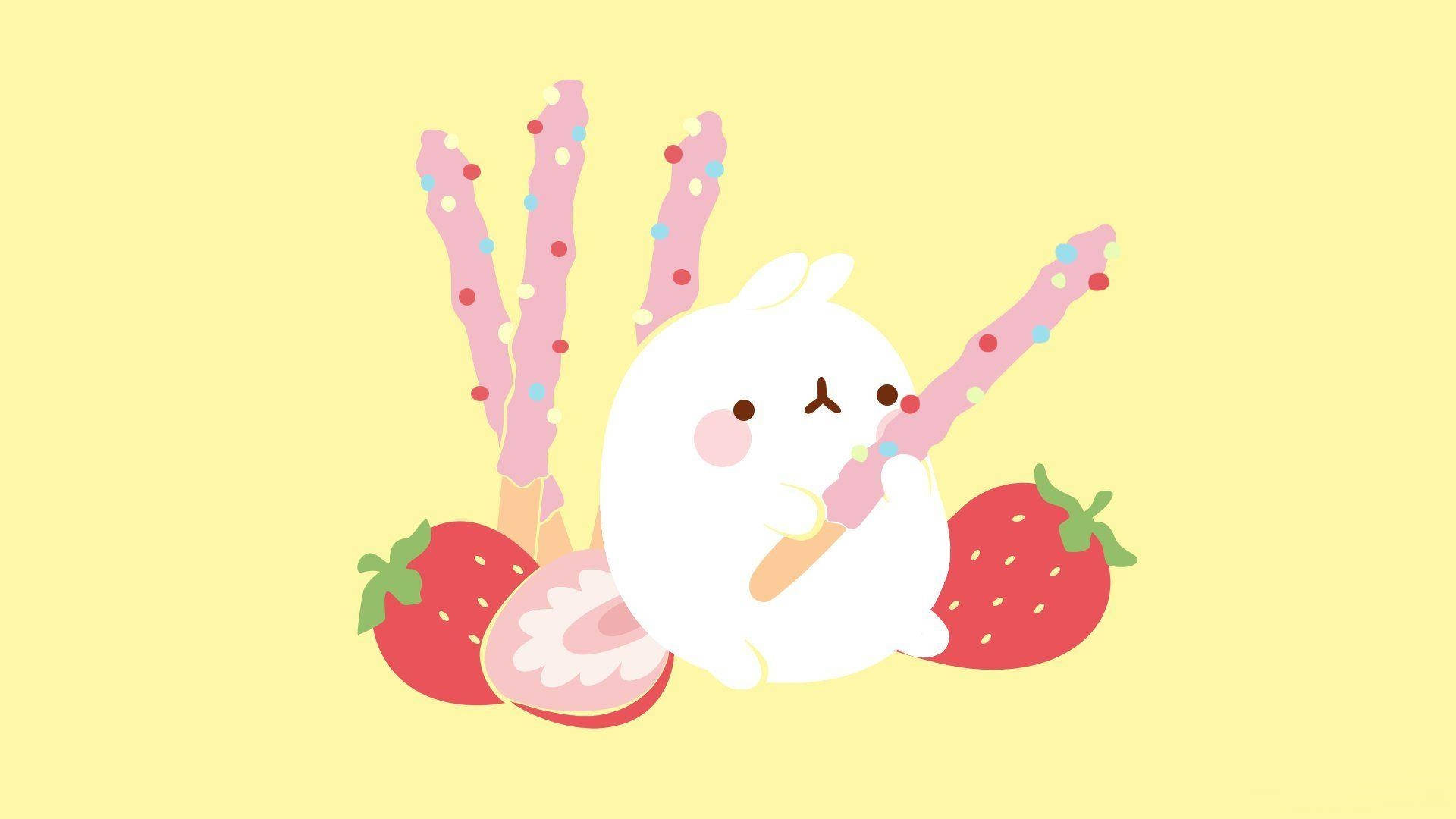 strawberry, white bunny, pink candy stick, Full HD Desktop Wallpaper