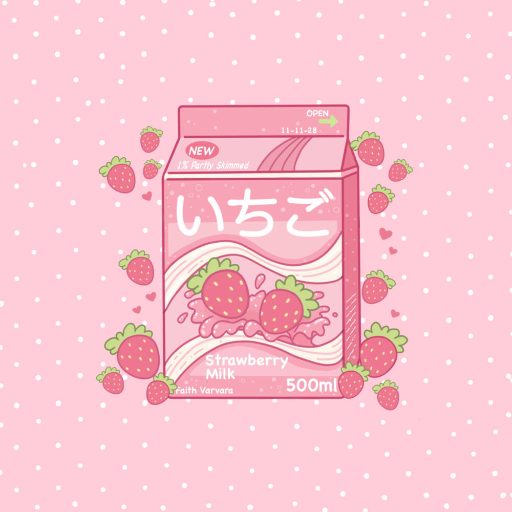 strawberry milk, pink illustrated strawberry milk carton, floating strawberries, SD Desktop Wallpaper