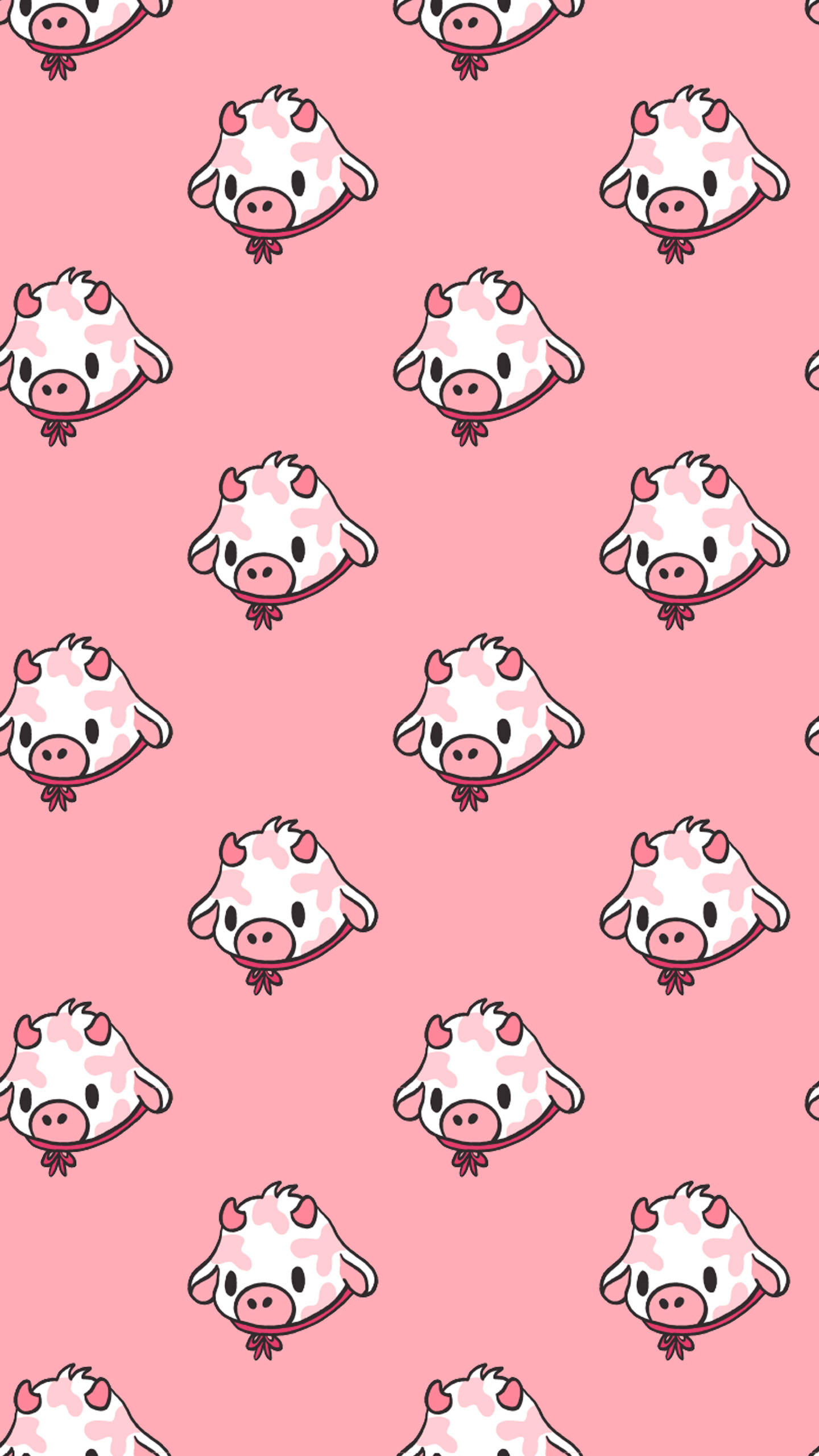 Strawberry Cow, ribbon pattern, pink and white cartoon cow, 2K Phone Wallpaper